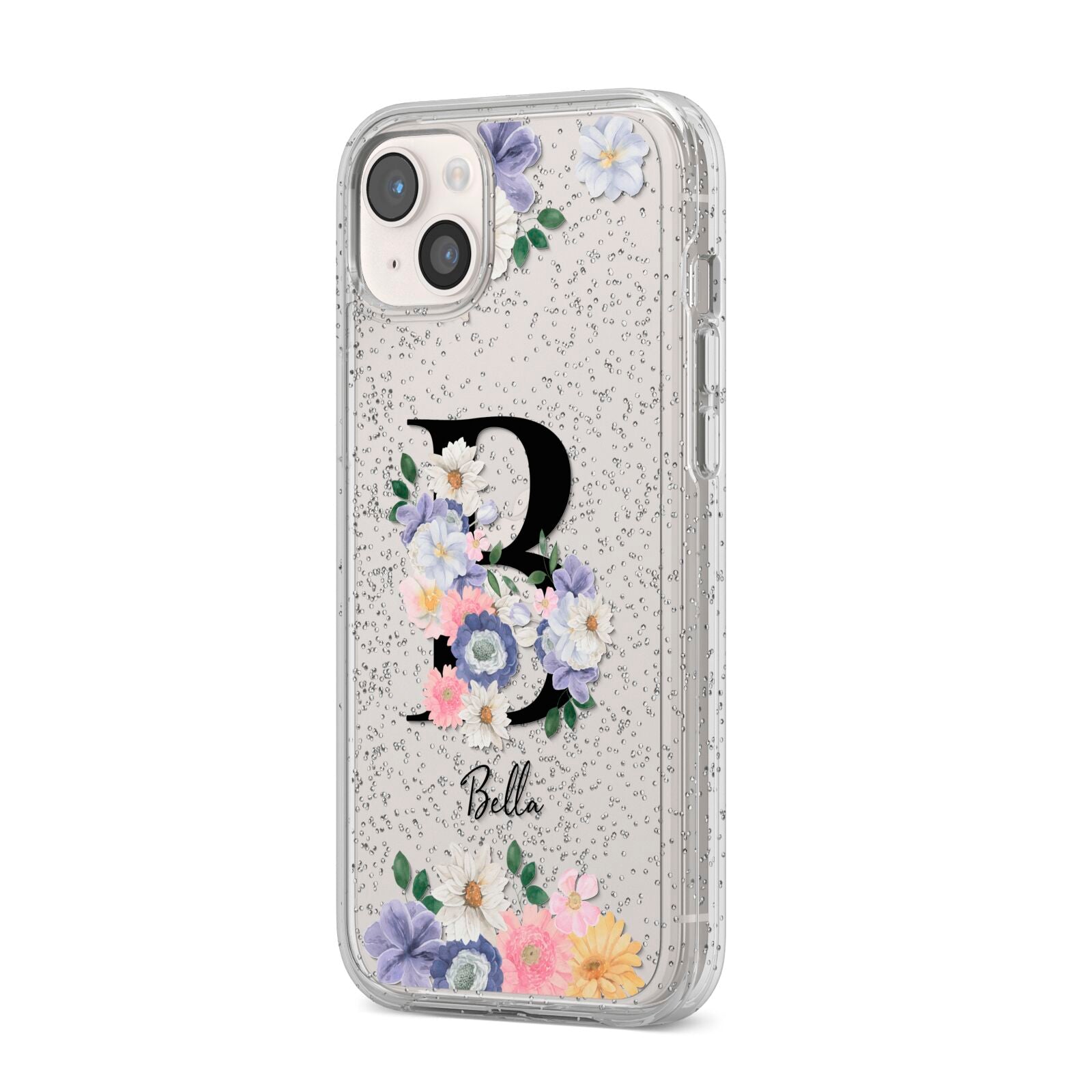 Black Initial Floral iPhone 14 Plus Glitter Tough Case Starlight Angled Image