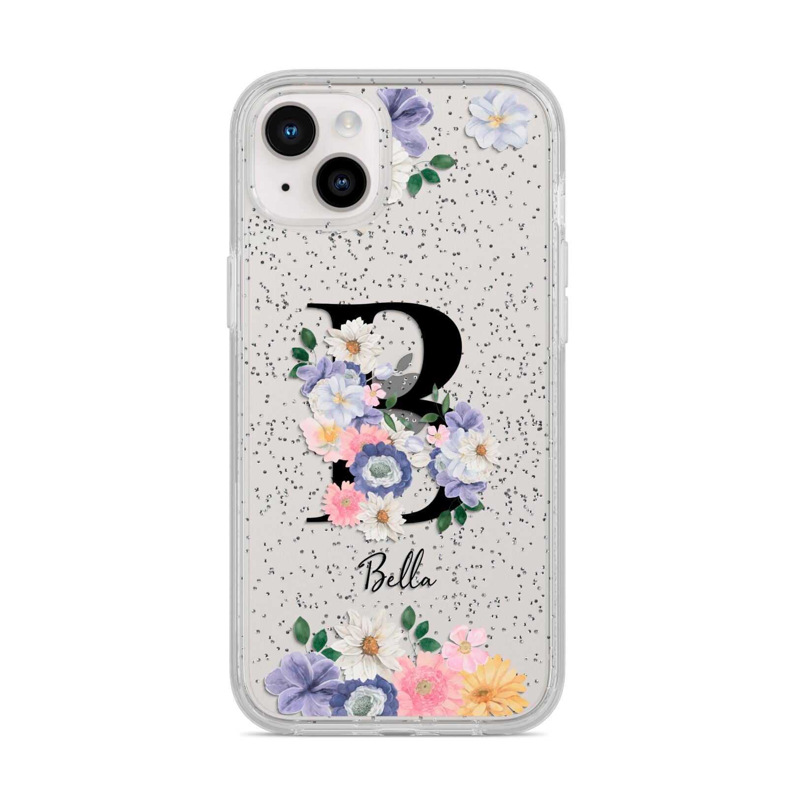 Black Initial Floral iPhone 14 Plus Glitter Tough Case Starlight