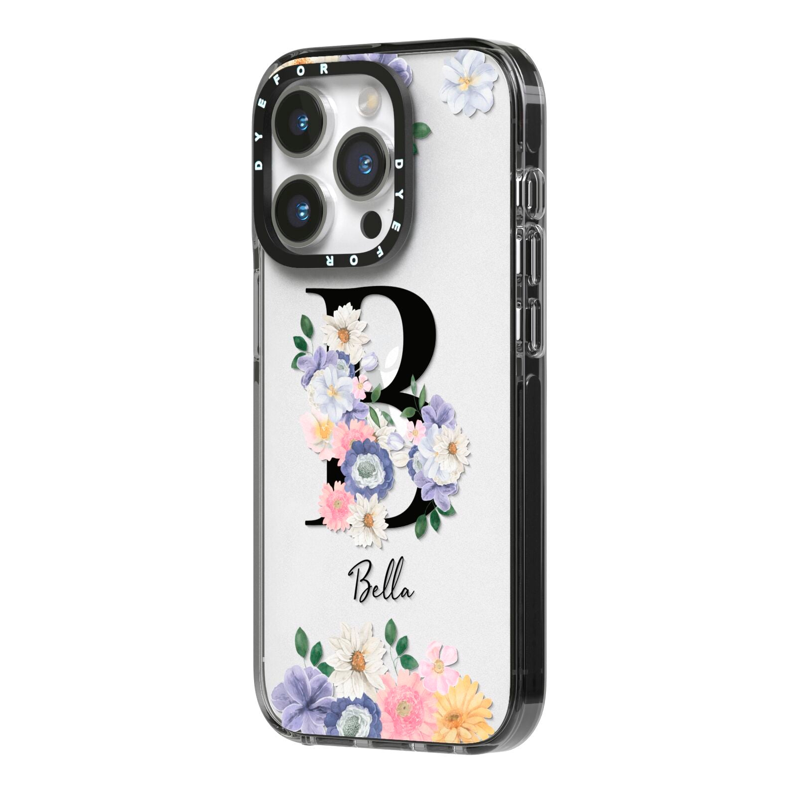 Black Initial Floral iPhone 14 Pro Black Impact Case Side Angle on Silver phone