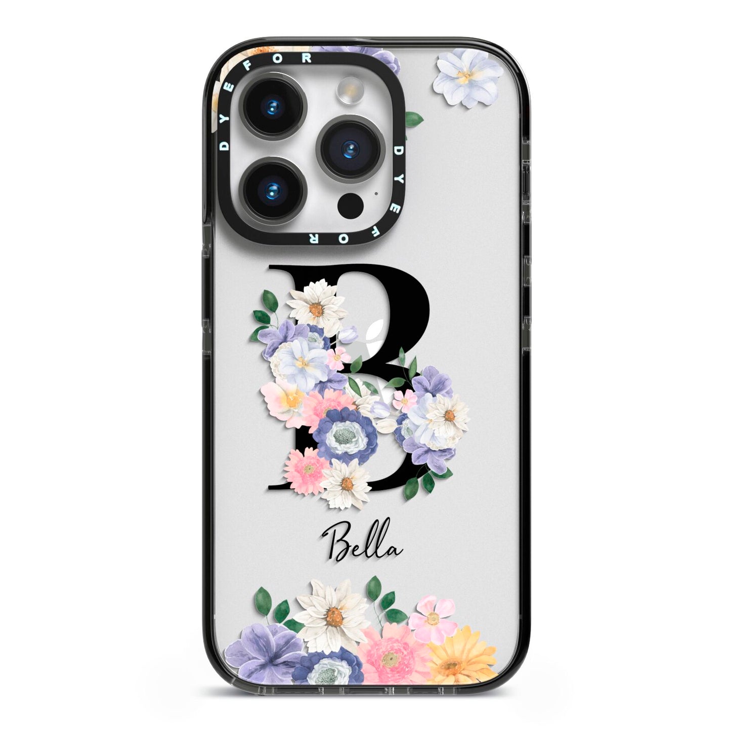 Black Initial Floral iPhone 14 Pro Black Impact Case on Silver phone