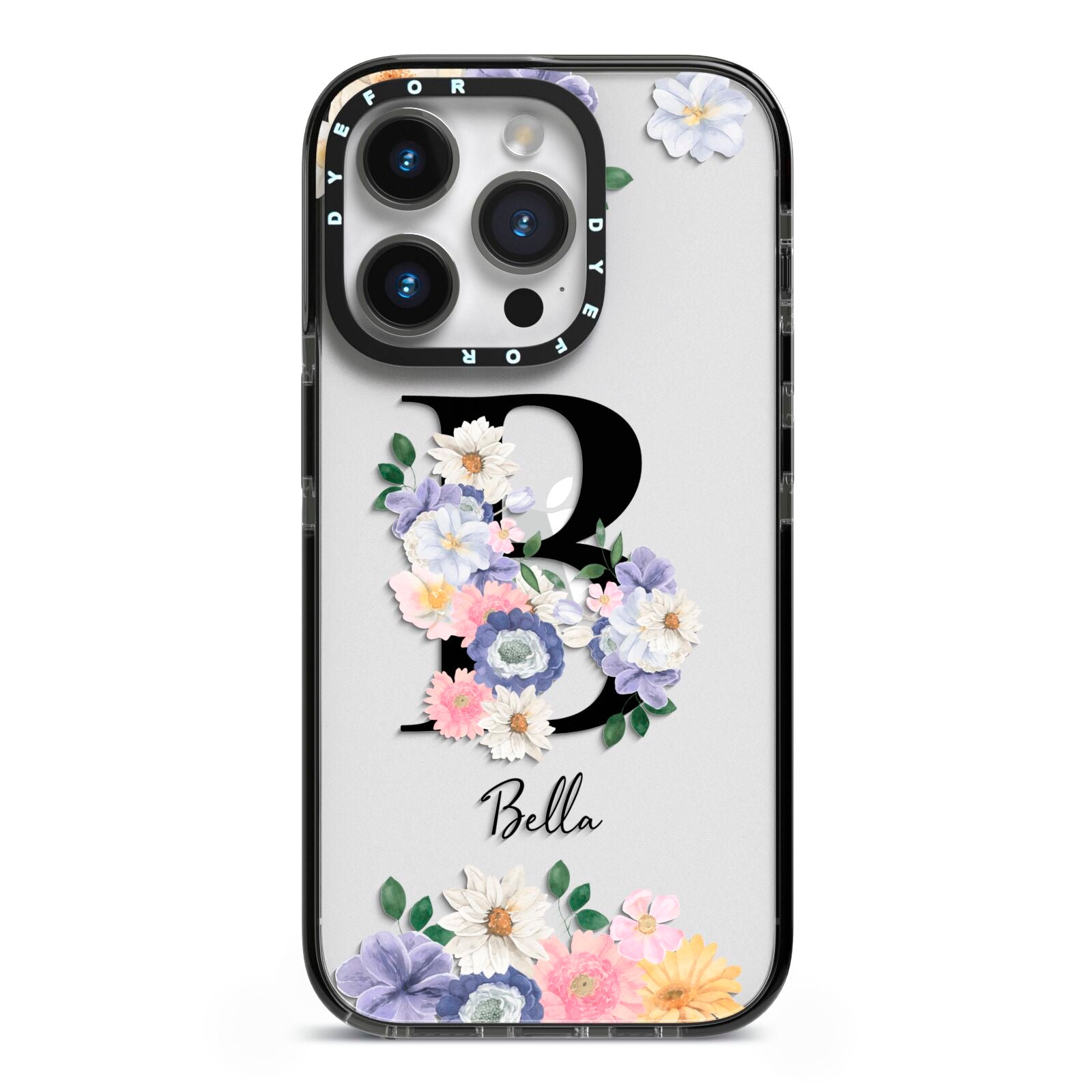 Black Initial Floral iPhone 14 Pro Black Impact Case on Silver phone