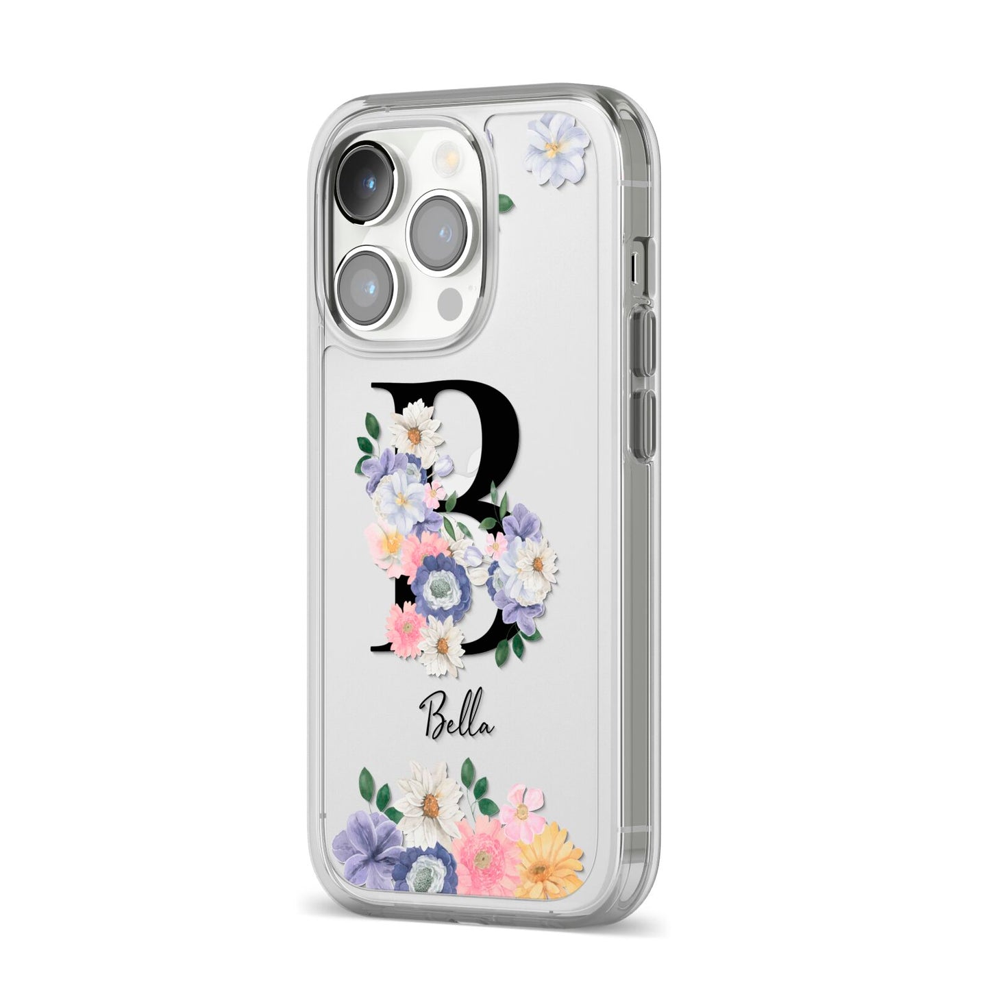 Black Initial Floral iPhone 14 Pro Clear Tough Case Silver Angled Image