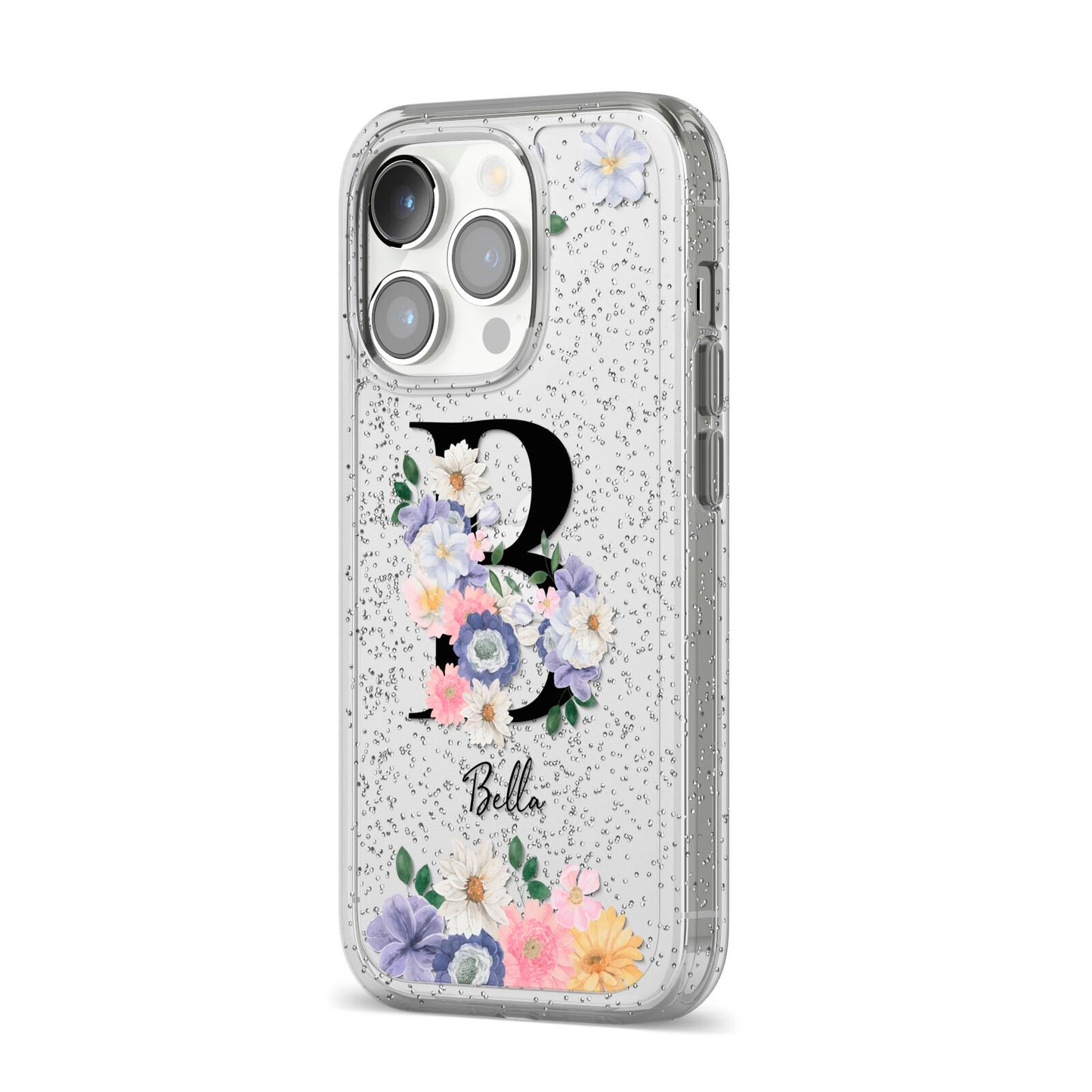 Black Initial Floral iPhone 14 Pro Glitter Tough Case Silver Angled Image