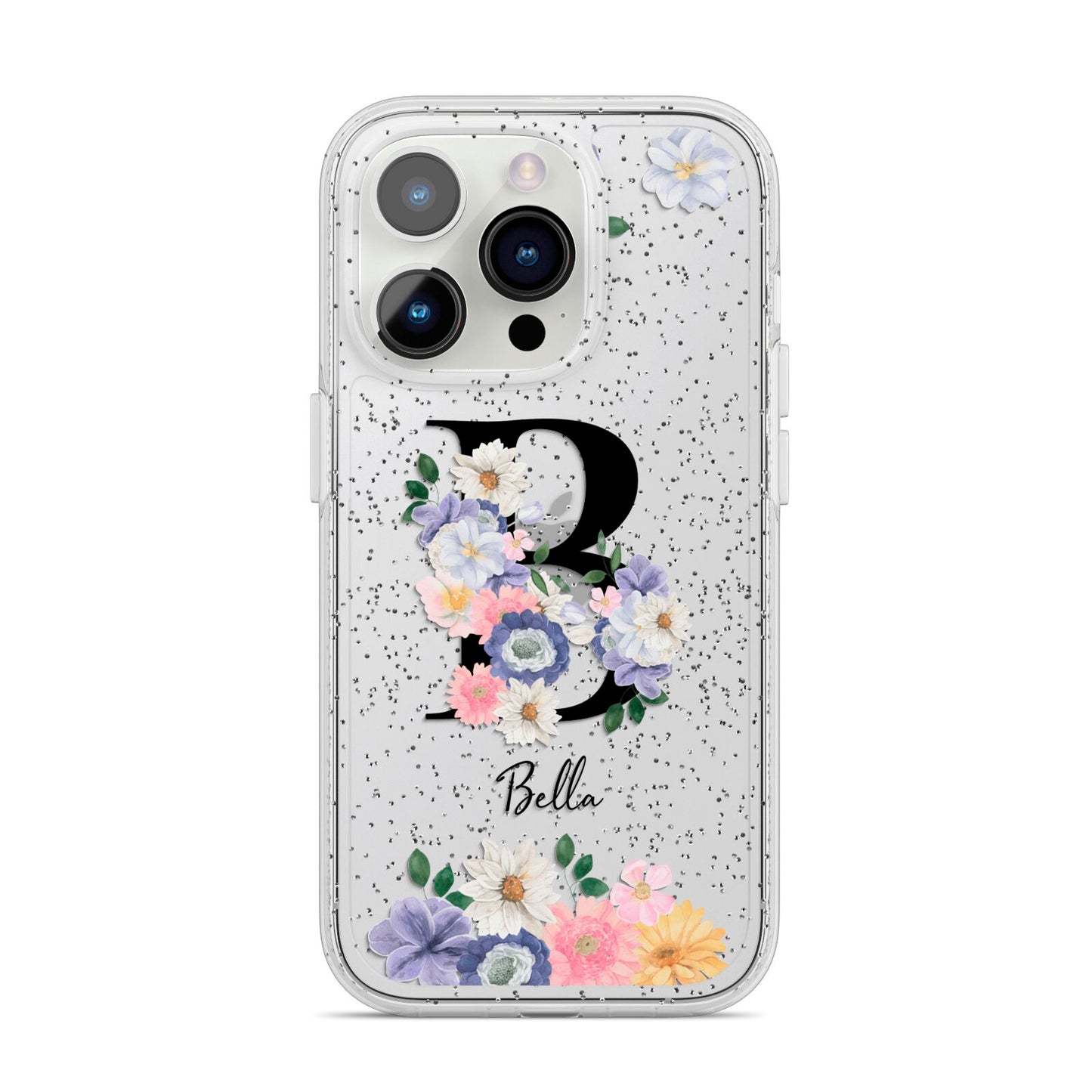 Black Initial Floral iPhone 14 Pro Glitter Tough Case Silver