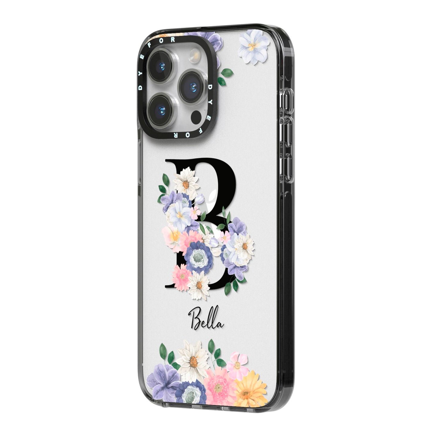 Black Initial Floral iPhone 14 Pro Max Black Impact Case Side Angle on Silver phone