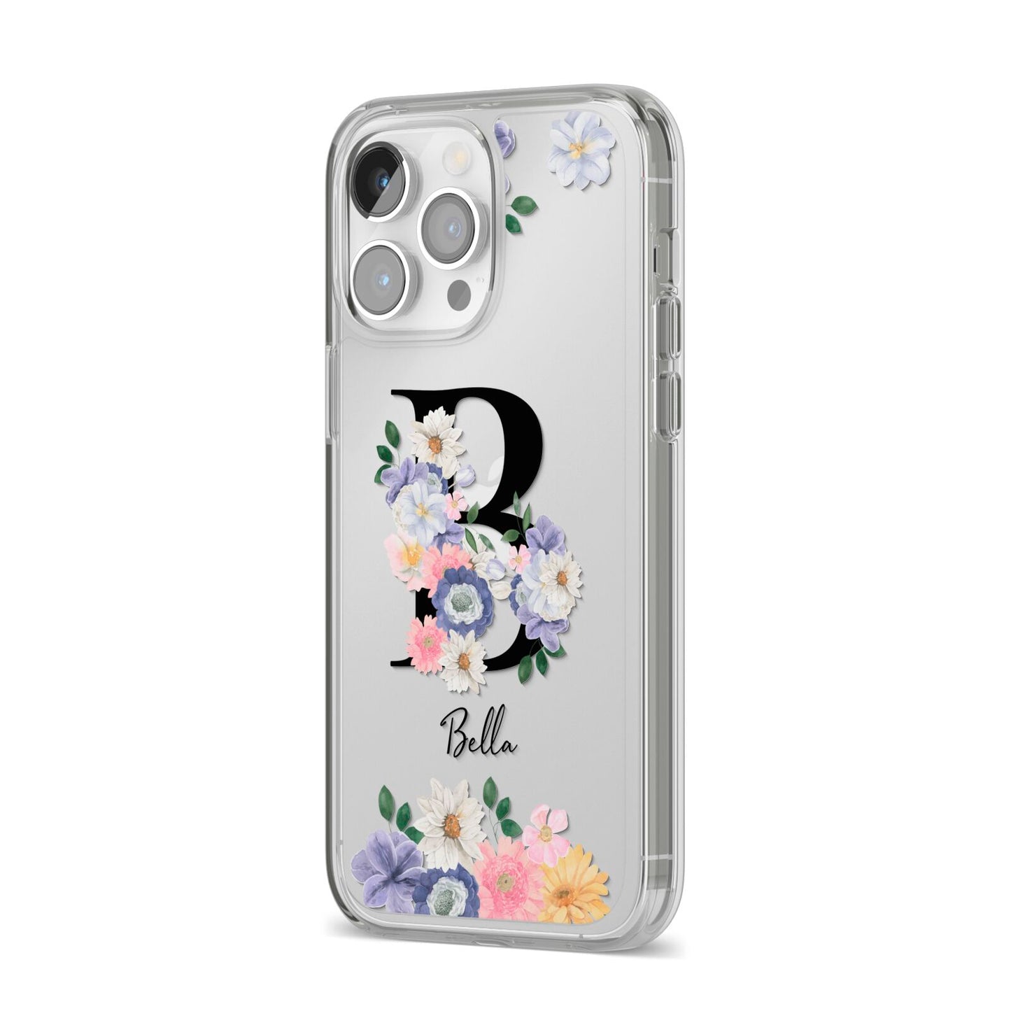 Black Initial Floral iPhone 14 Pro Max Clear Tough Case Silver Angled Image