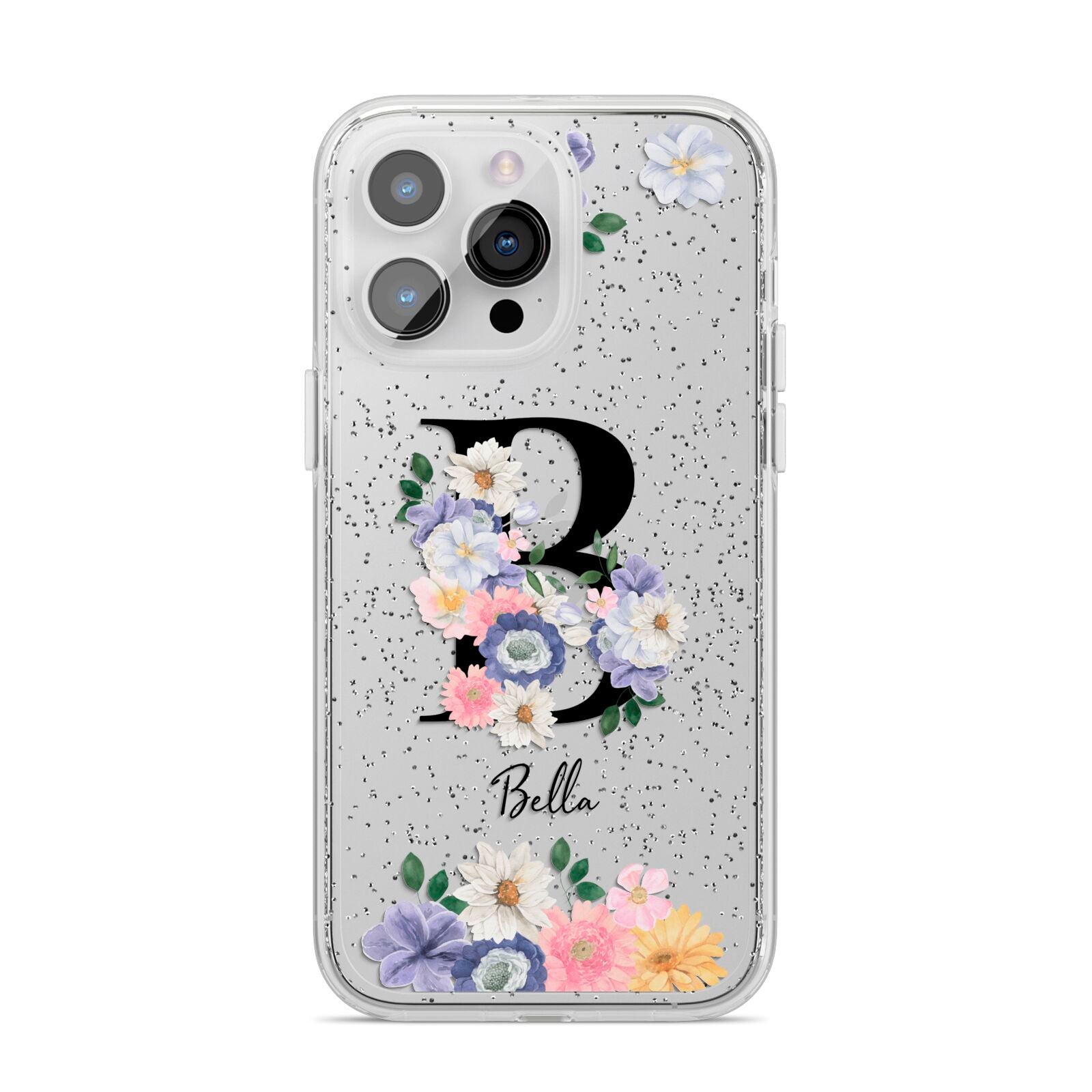 Black Initial Floral iPhone 14 Pro Max Glitter Tough Case Silver