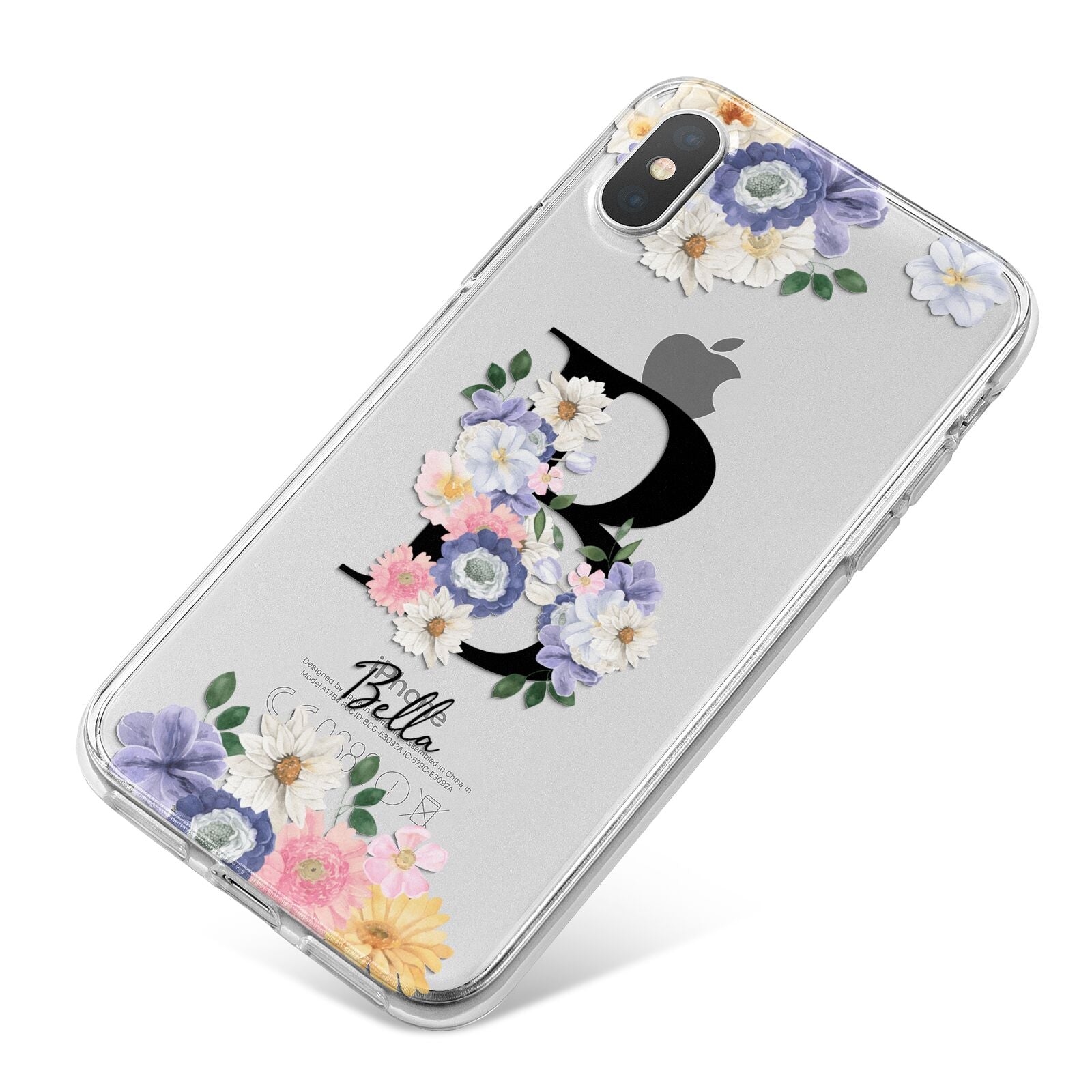 Black Initial Floral iPhone X Bumper Case on Silver iPhone