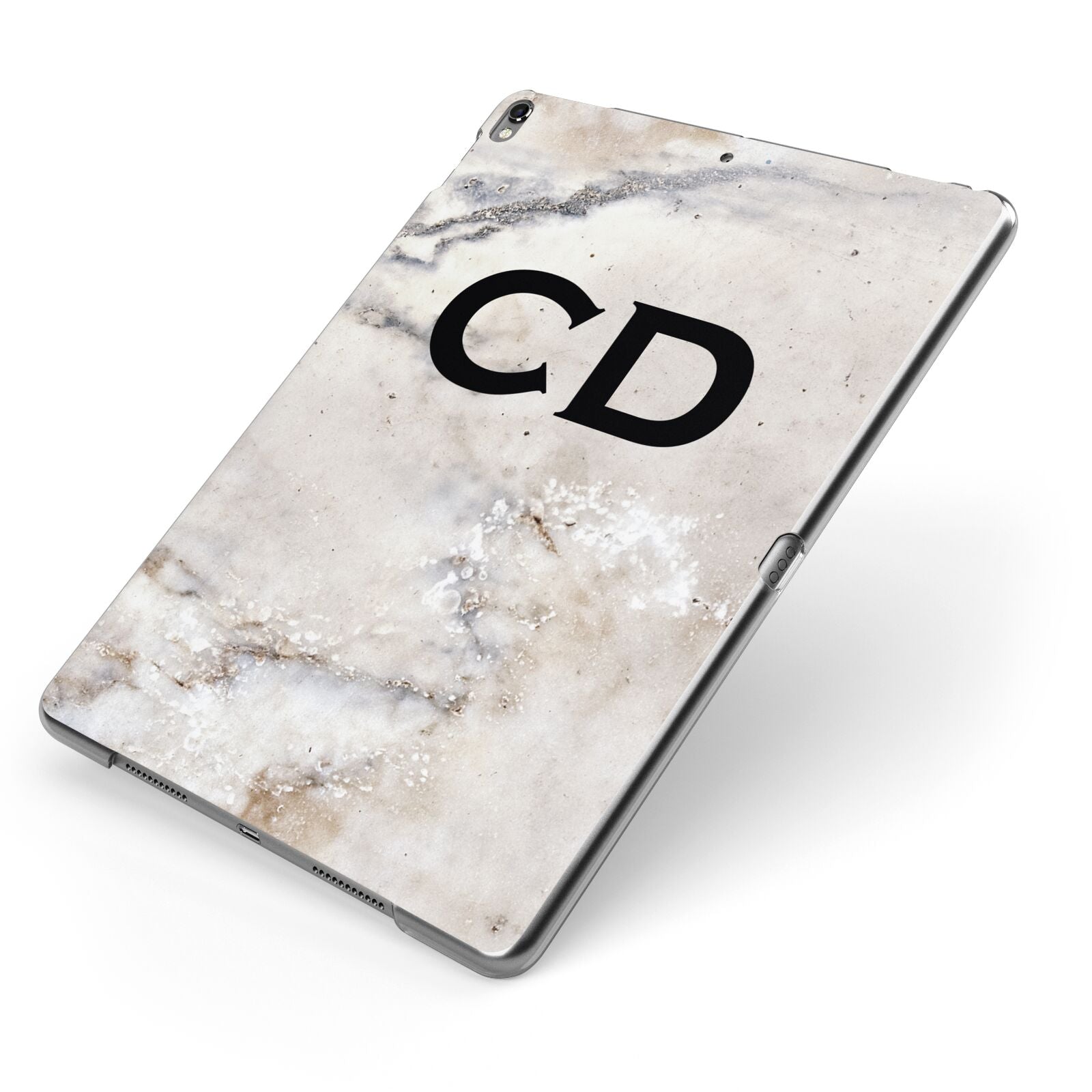 Black Initials Yellow Marble Apple iPad Case on Grey iPad Side View