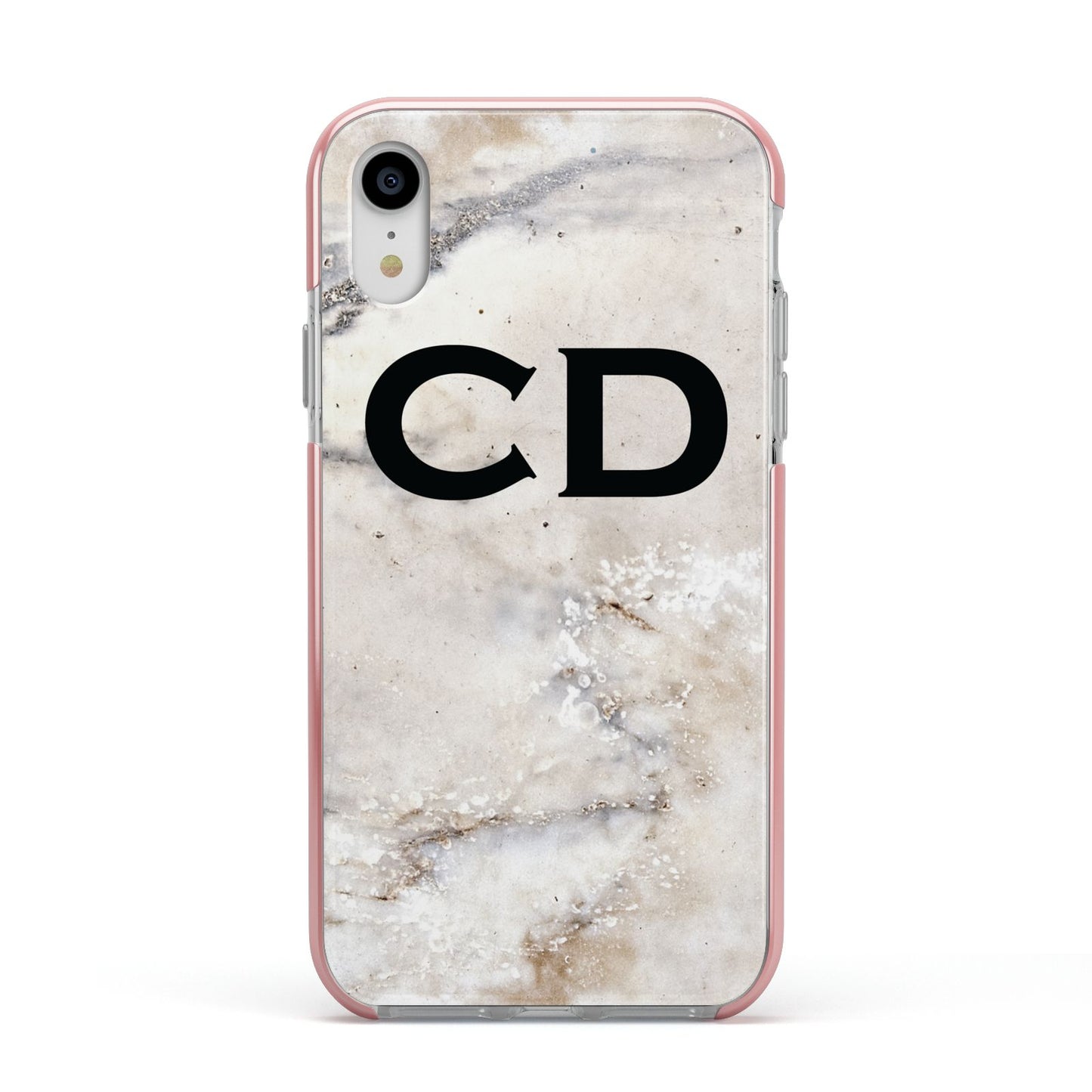 Black Initials Yellow Marble Apple iPhone XR Impact Case Pink Edge on Silver Phone