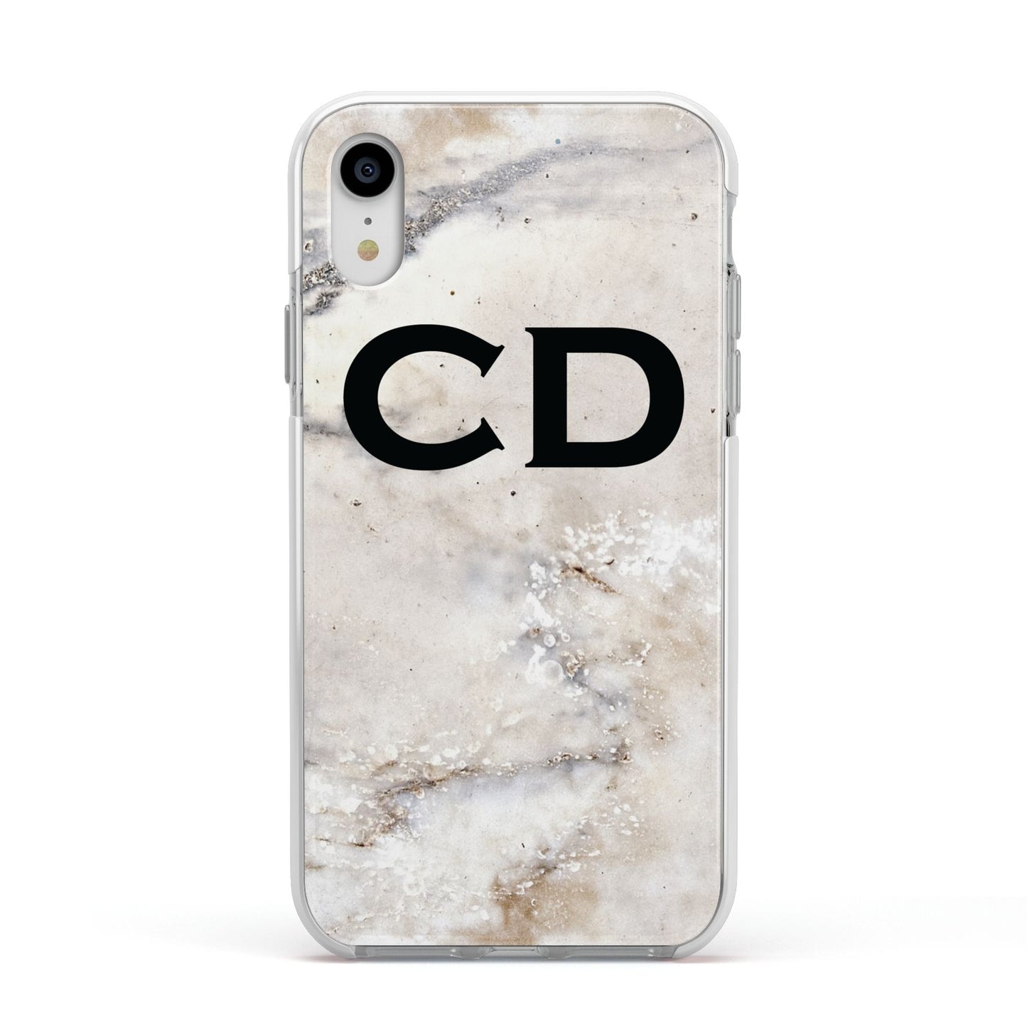 Black Initials Yellow Marble Apple iPhone XR Impact Case White Edge on Silver Phone