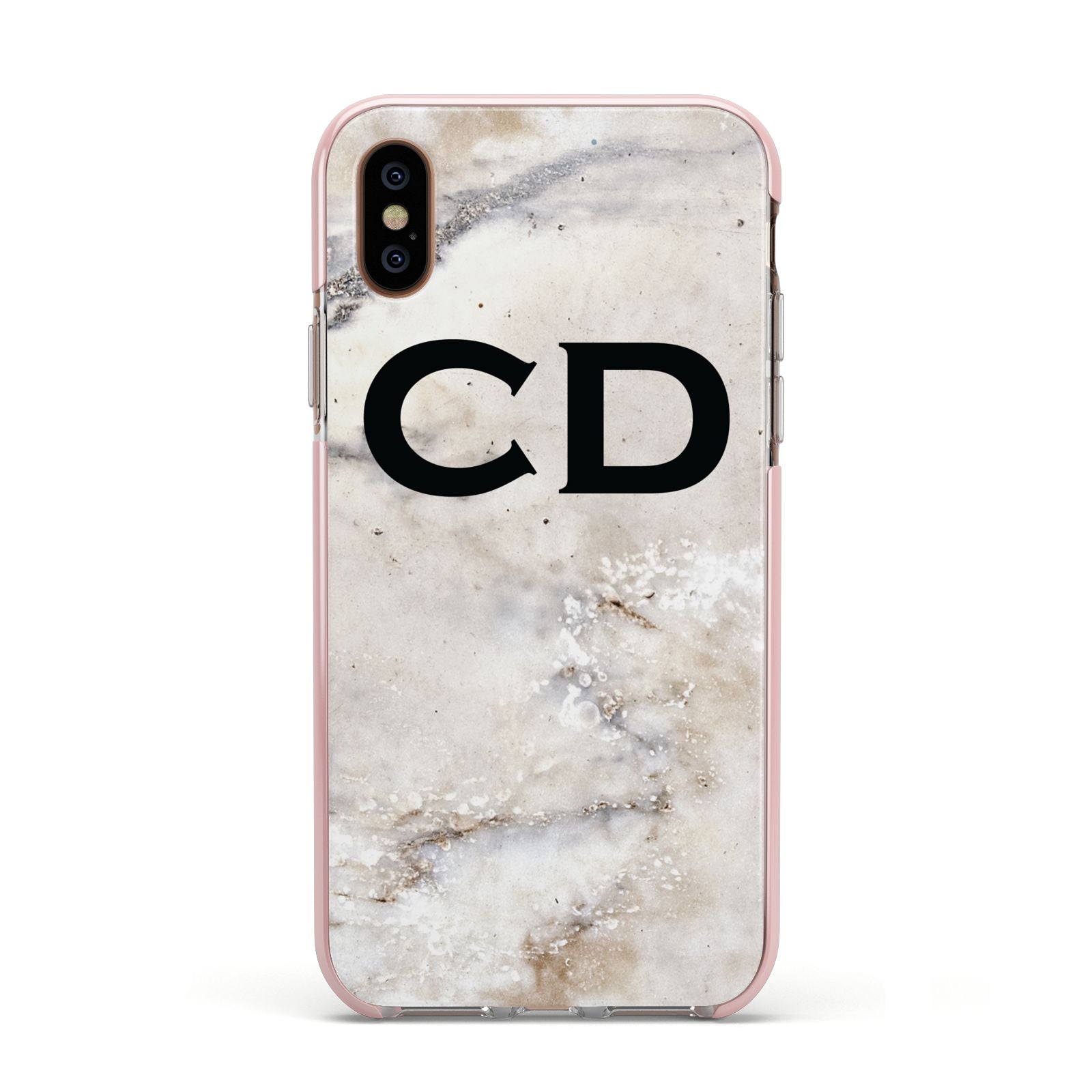 Black Initials Yellow Marble Apple iPhone Xs Impact Case Pink Edge on Gold Phone