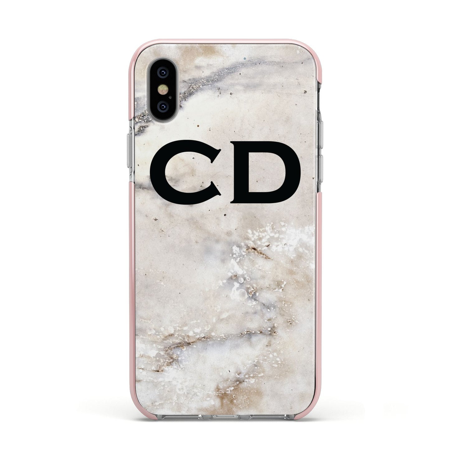 Black Initials Yellow Marble Apple iPhone Xs Impact Case Pink Edge on Silver Phone