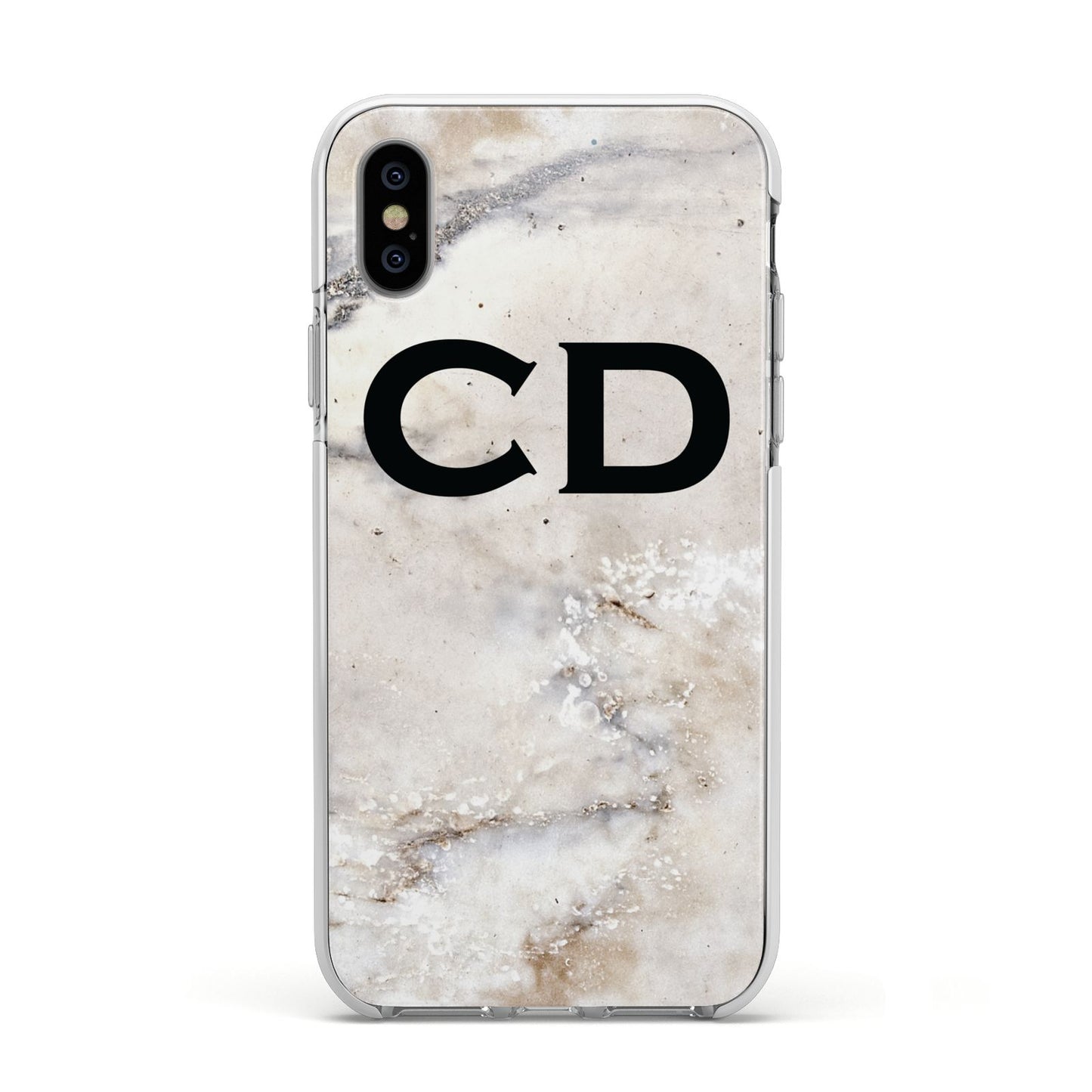 Black Initials Yellow Marble Apple iPhone Xs Impact Case White Edge on Silver Phone