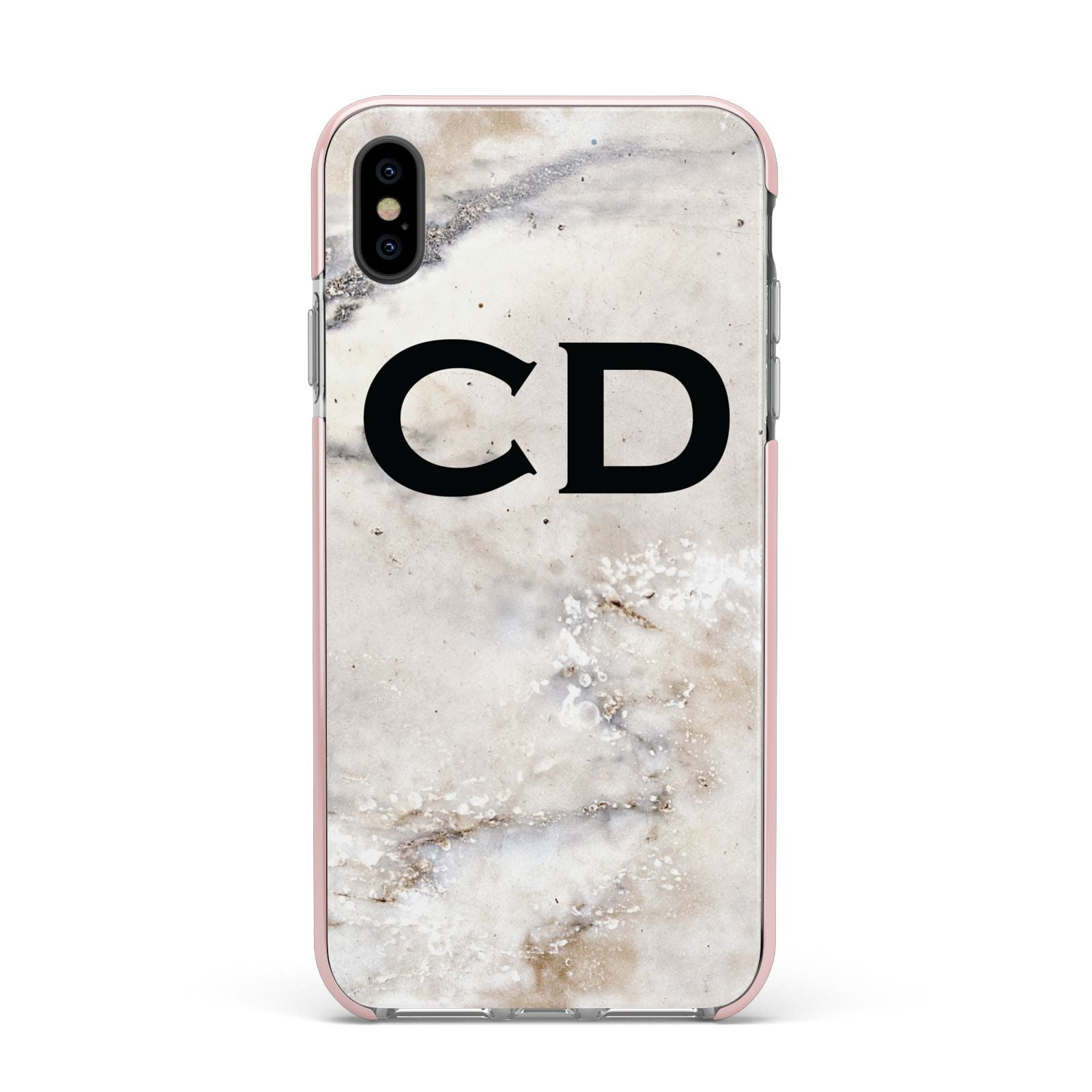 Black Initials Yellow Marble Apple iPhone Xs Max Impact Case Pink Edge on Black Phone