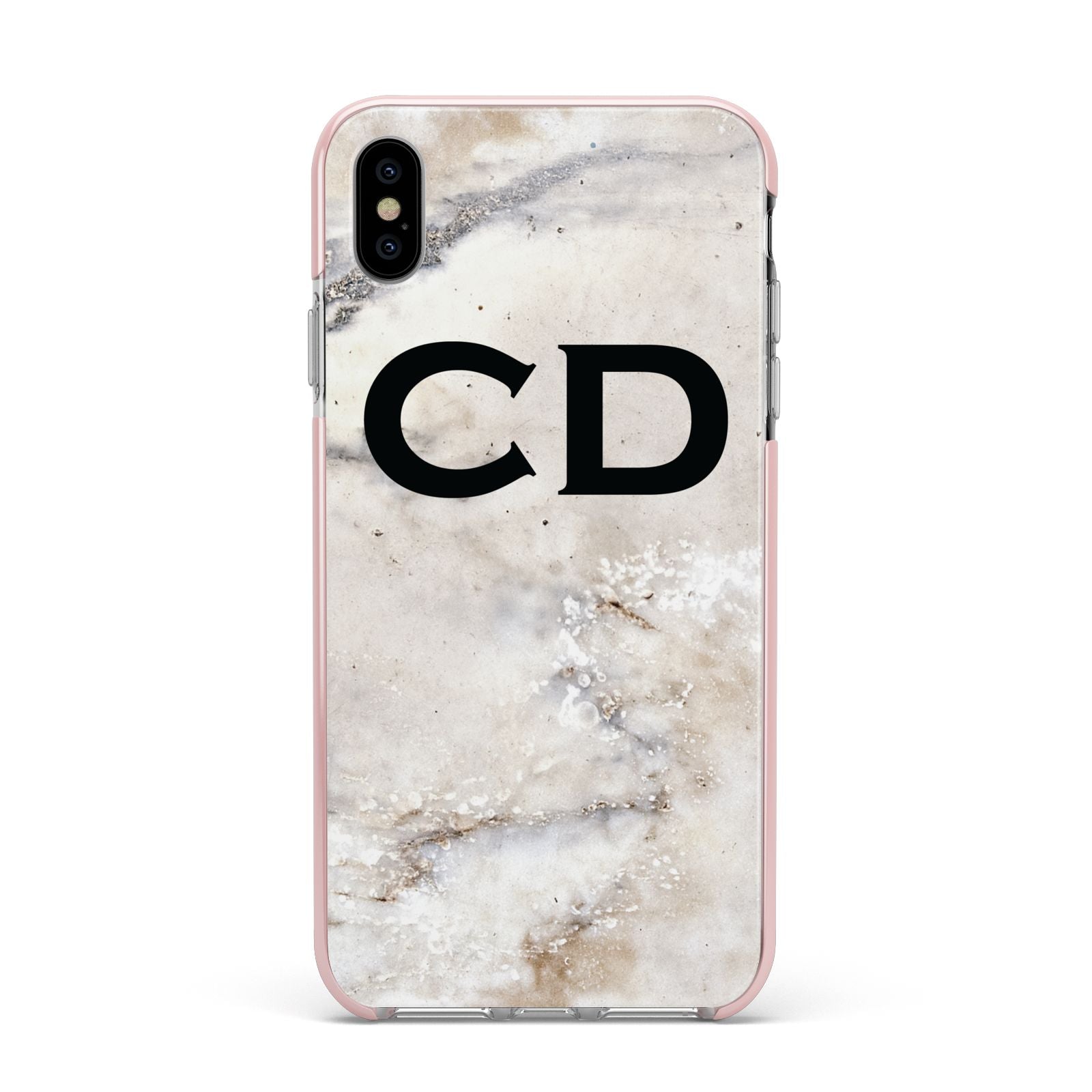Black Initials Yellow Marble Apple iPhone Xs Max Impact Case Pink Edge on Silver Phone