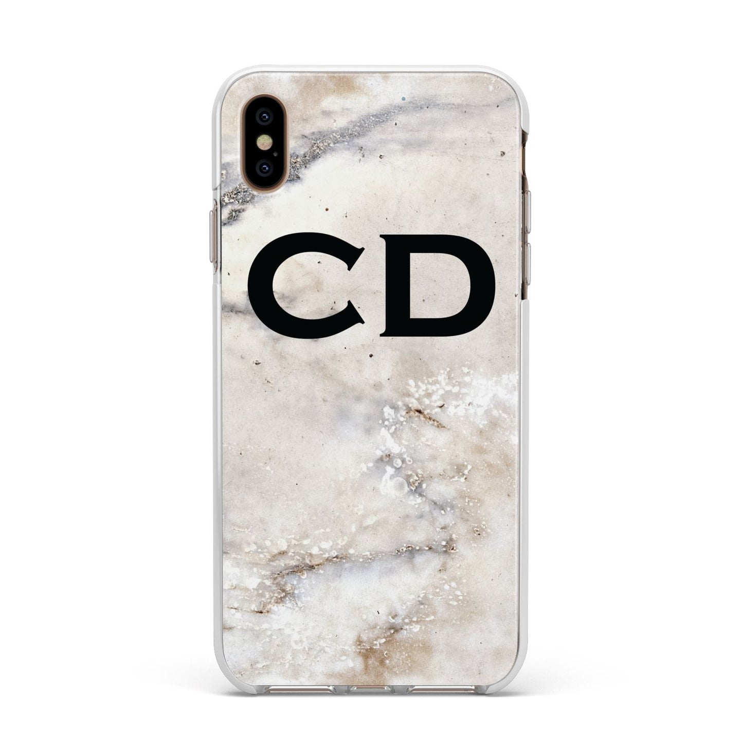 Black Initials Yellow Marble Apple iPhone Xs Max Impact Case White Edge on Gold Phone
