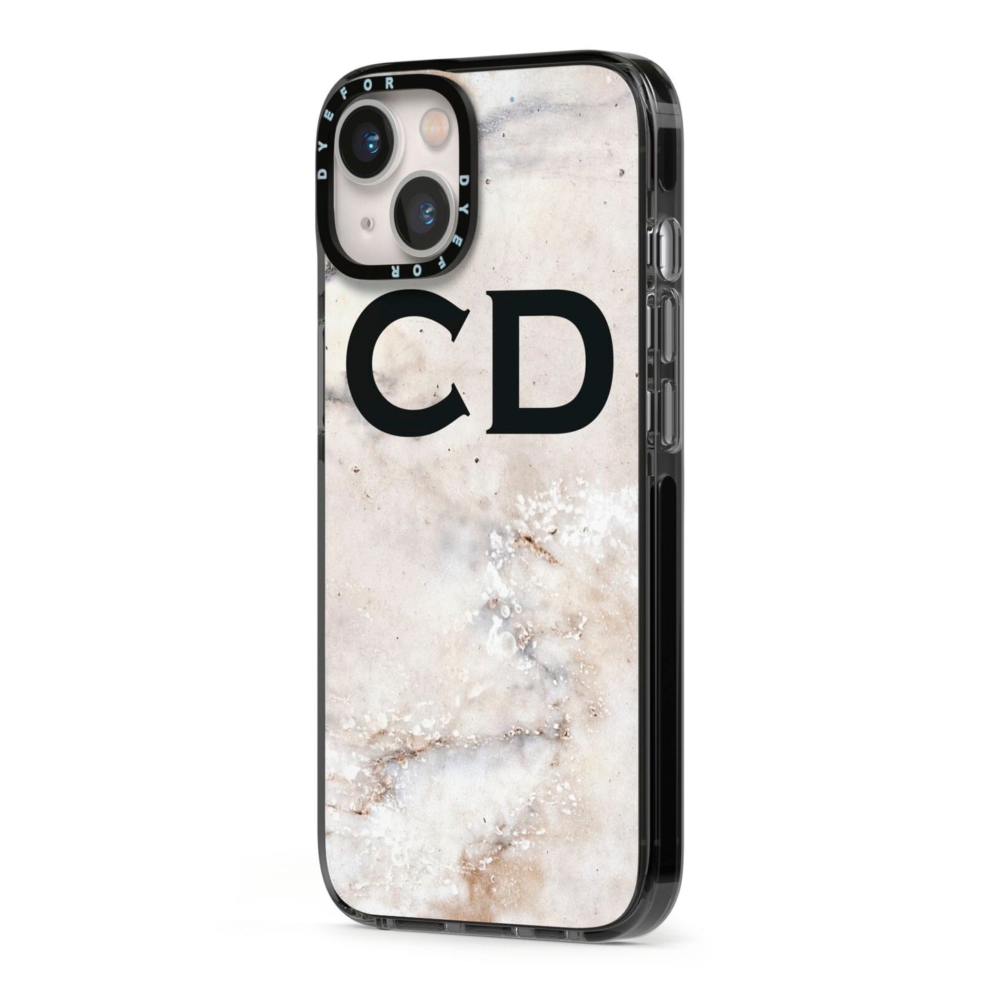 Black Initials Yellow Marble iPhone 13 Black Impact Case Side Angle on Silver phone
