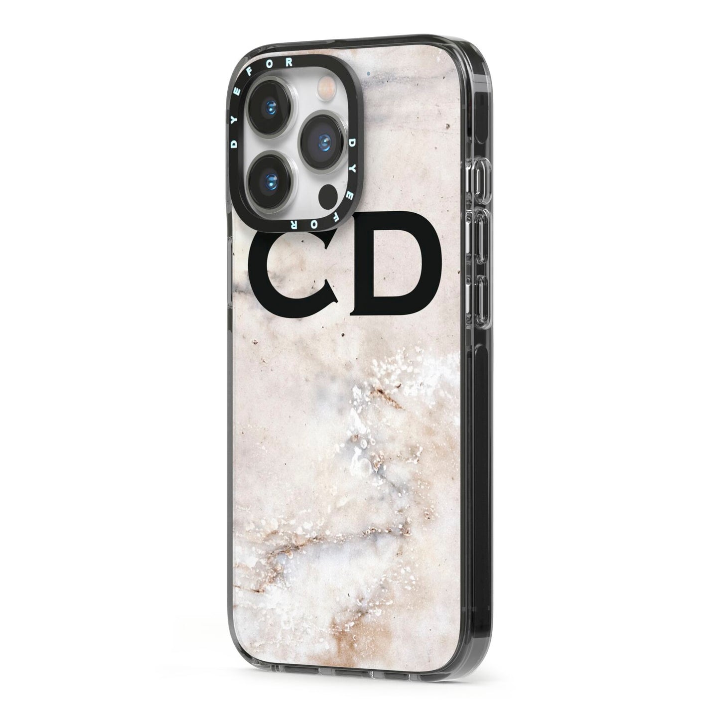 Black Initials Yellow Marble iPhone 13 Pro Black Impact Case Side Angle on Silver phone