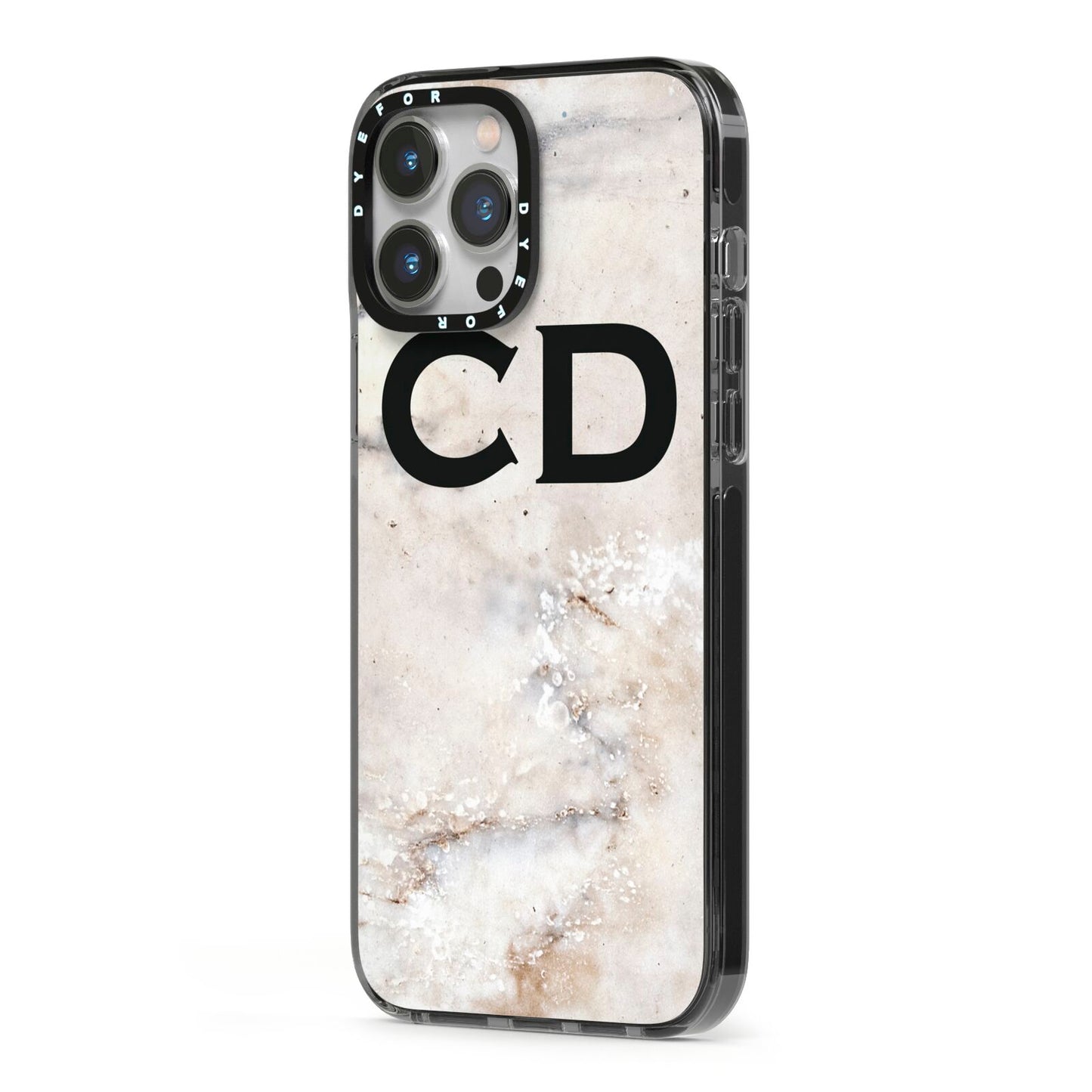 Black Initials Yellow Marble iPhone 13 Pro Max Black Impact Case Side Angle on Silver phone