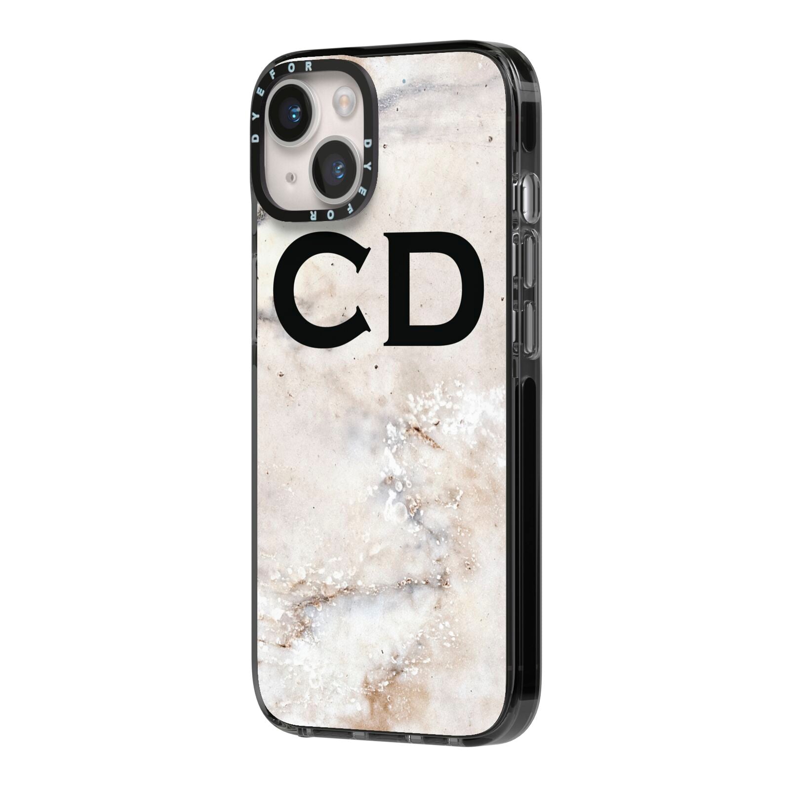 Black Initials Yellow Marble iPhone 14 Black Impact Case Side Angle on Silver phone