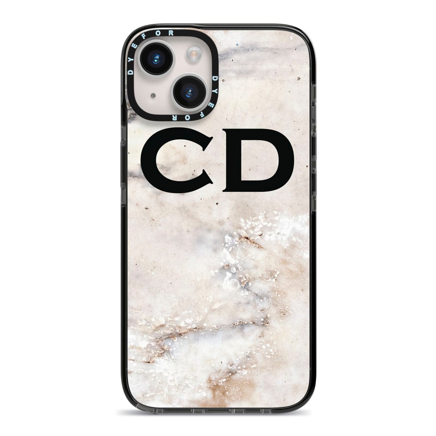 Black Initials Yellow Marble iPhone 14 Black Impact Case on Silver phone