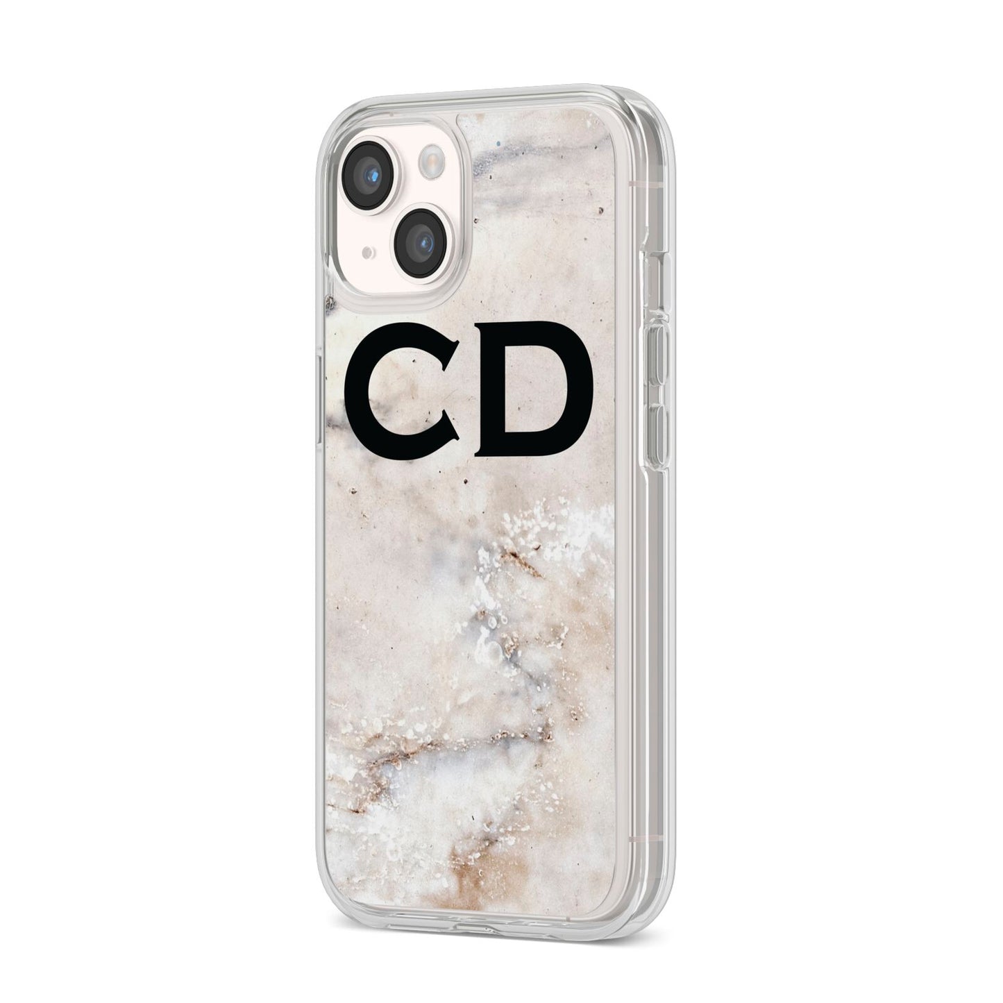 Black Initials Yellow Marble iPhone 14 Clear Tough Case Starlight Angled Image