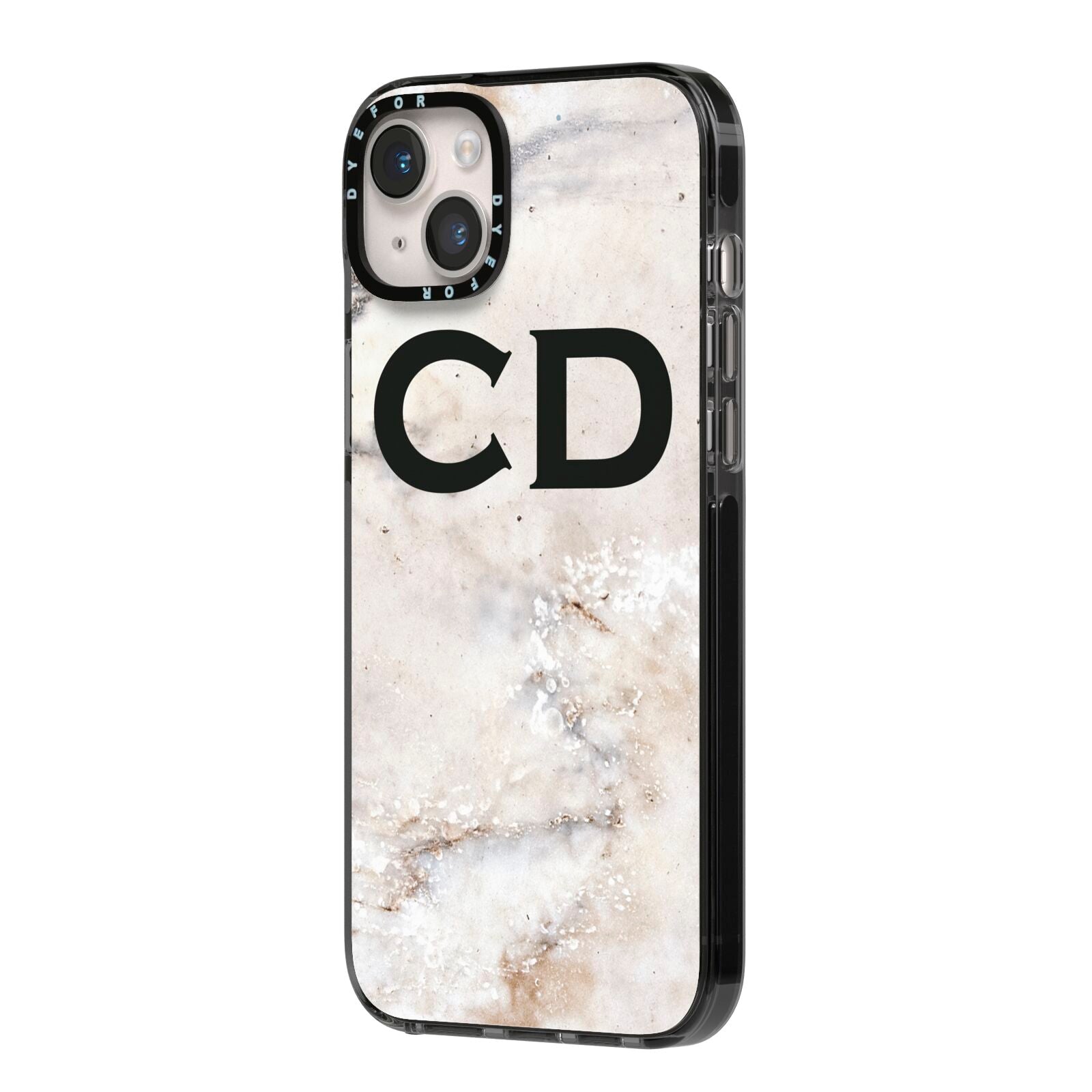 Black Initials Yellow Marble iPhone 14 Plus Black Impact Case Side Angle on Silver phone