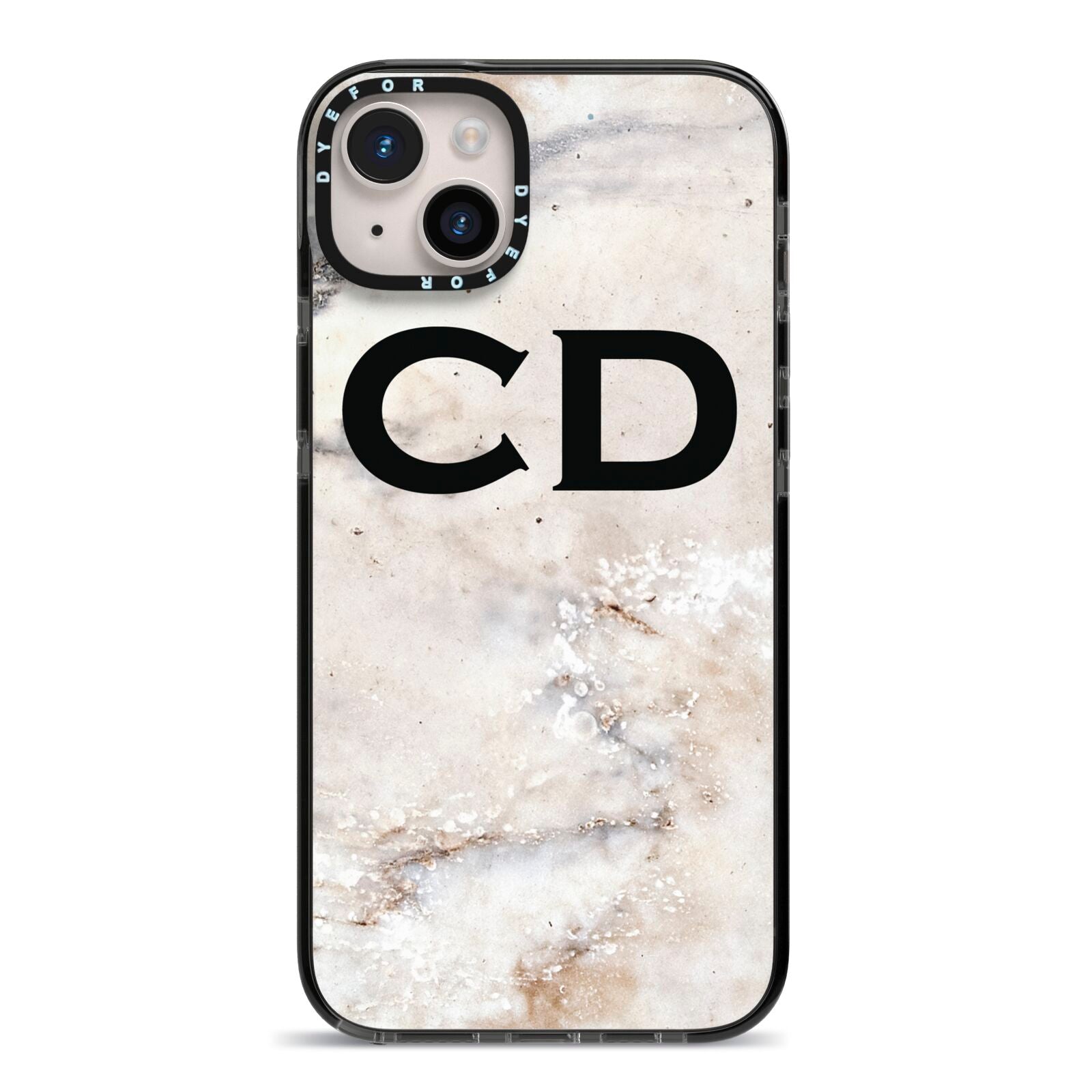 Black Initials Yellow Marble iPhone 14 Plus Black Impact Case on Silver phone