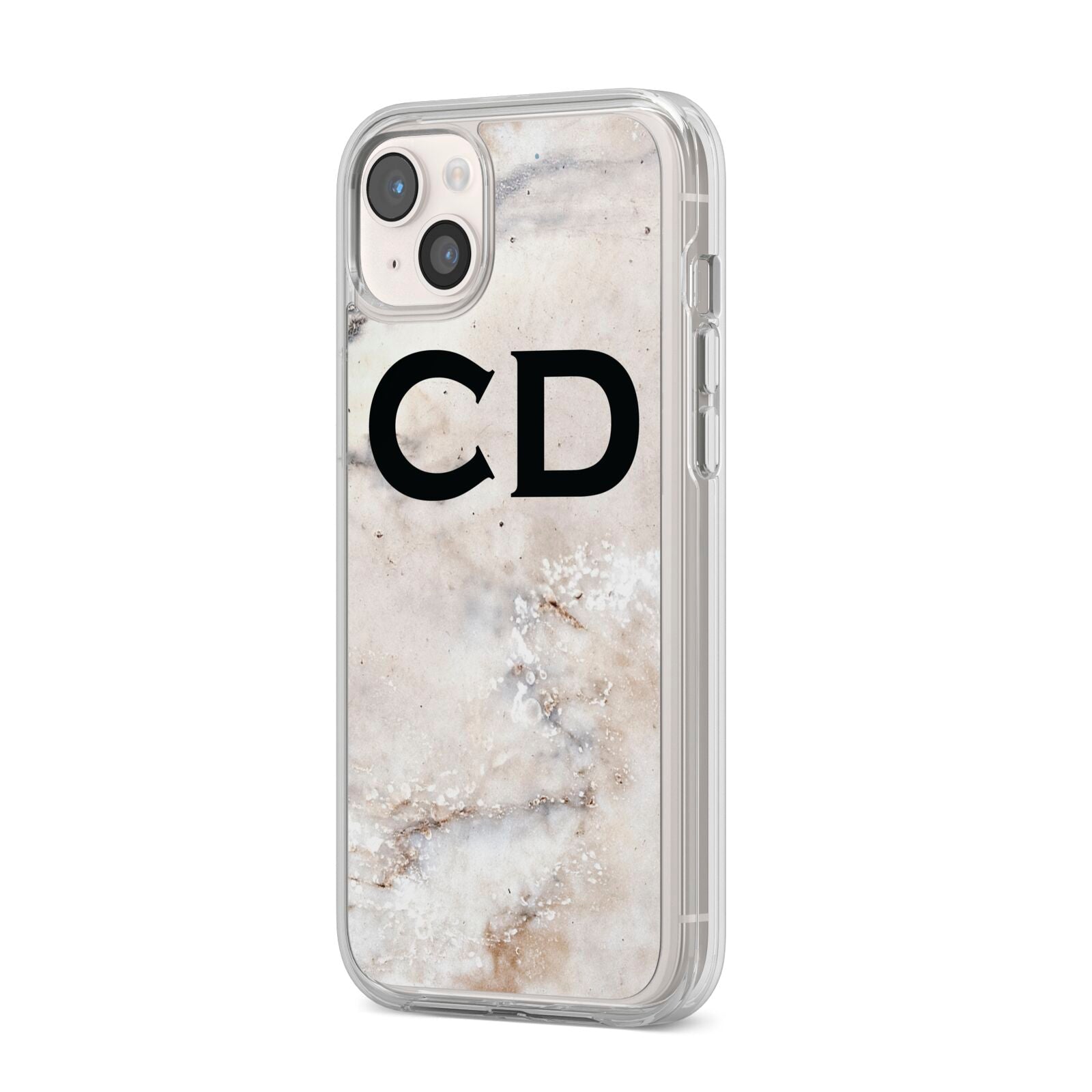 Black Initials Yellow Marble iPhone 14 Plus Clear Tough Case Starlight Angled Image