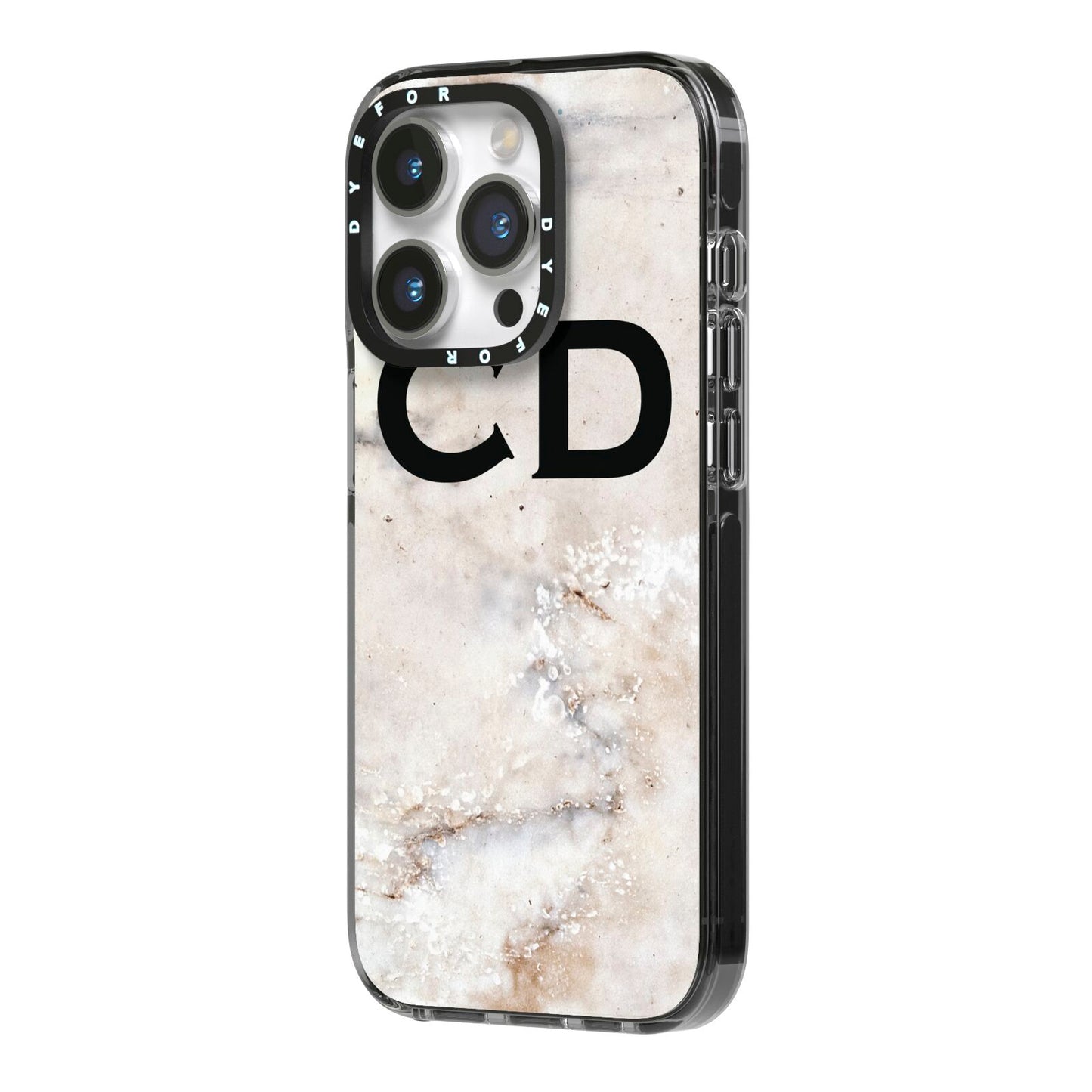 Black Initials Yellow Marble iPhone 14 Pro Black Impact Case Side Angle on Silver phone