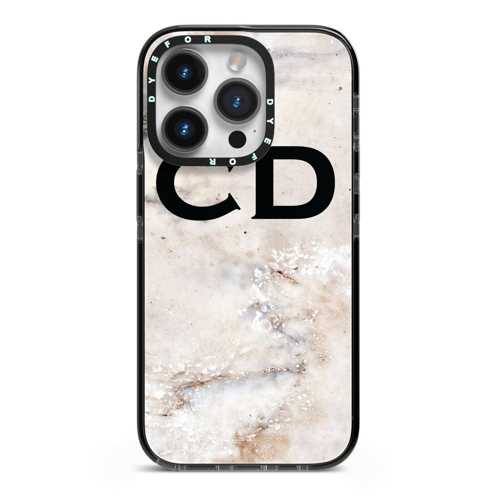 Black Initials Yellow Marble iPhone 14 Pro Black Impact Case on Silver phone