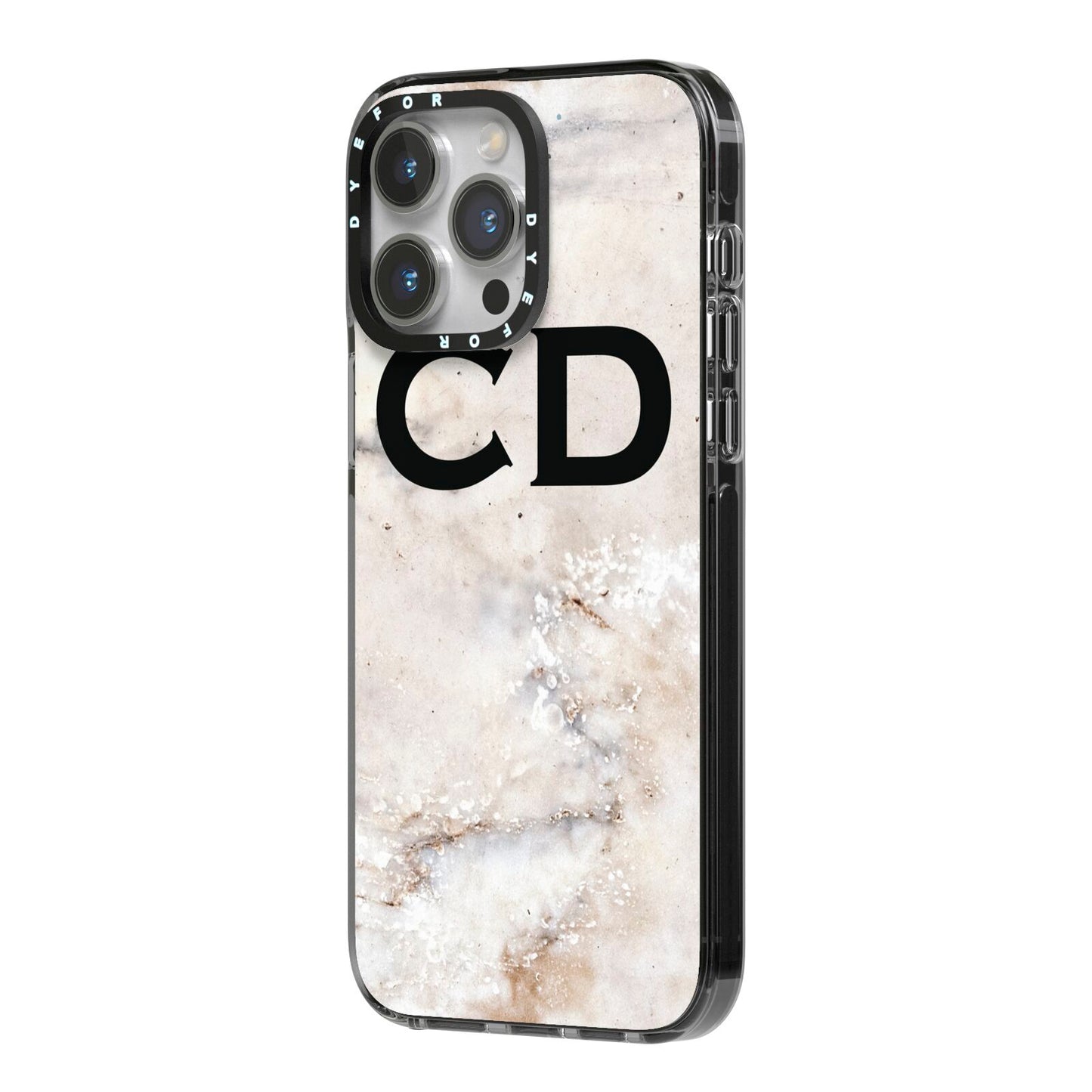 Black Initials Yellow Marble iPhone 14 Pro Max Black Impact Case Side Angle on Silver phone