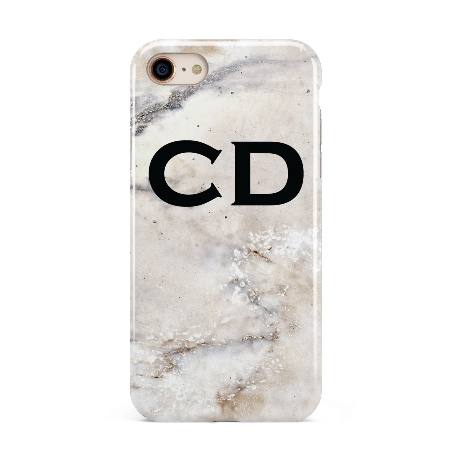 Black Initials Yellow Marble iPhone 8 3D Tough Case on Gold Phone