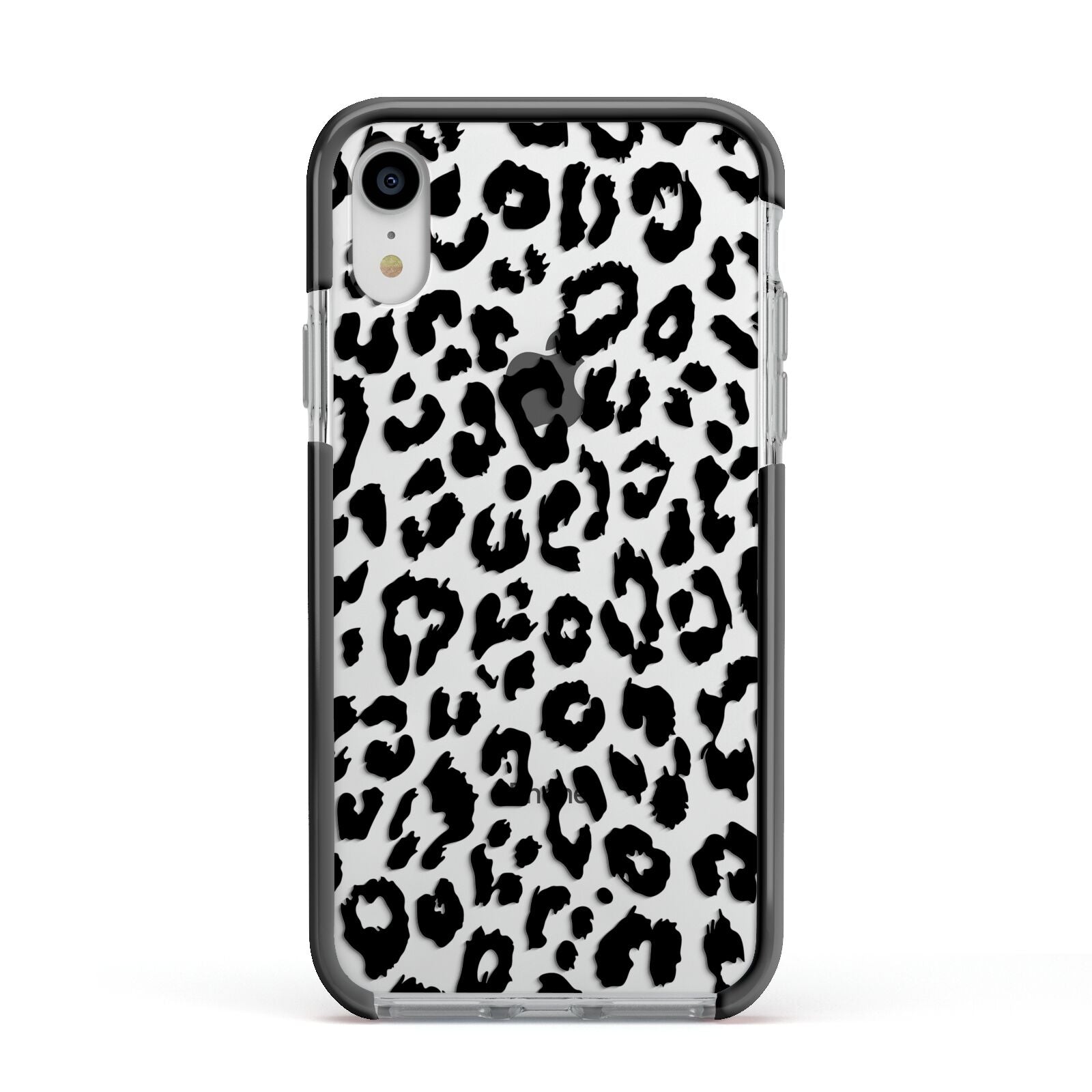 Black Leopard Print Apple iPhone XR Impact Case Black Edge on Silver Phone