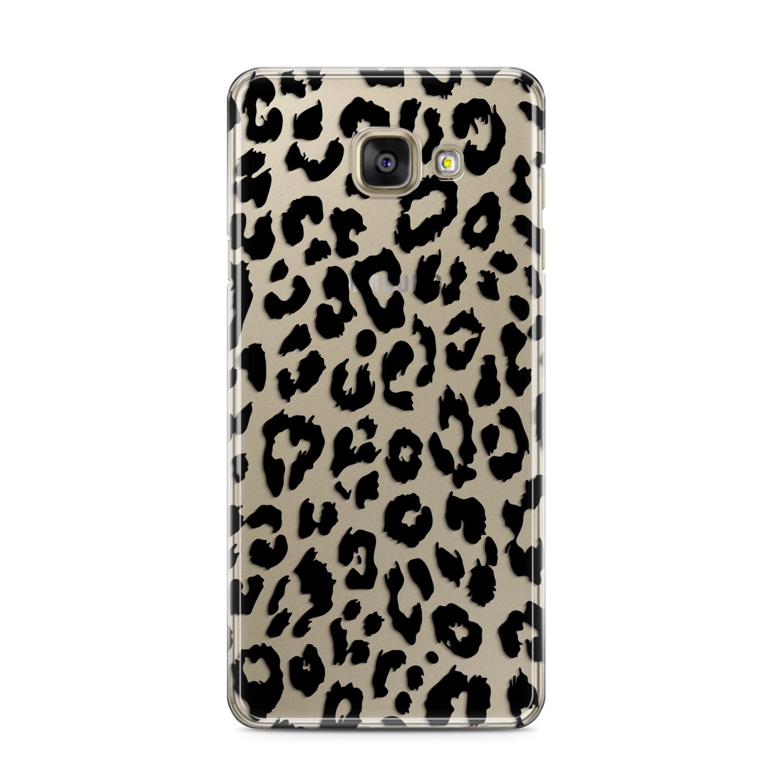 Black Leopard Print Samsung Galaxy A3 2016 Case on gold phone