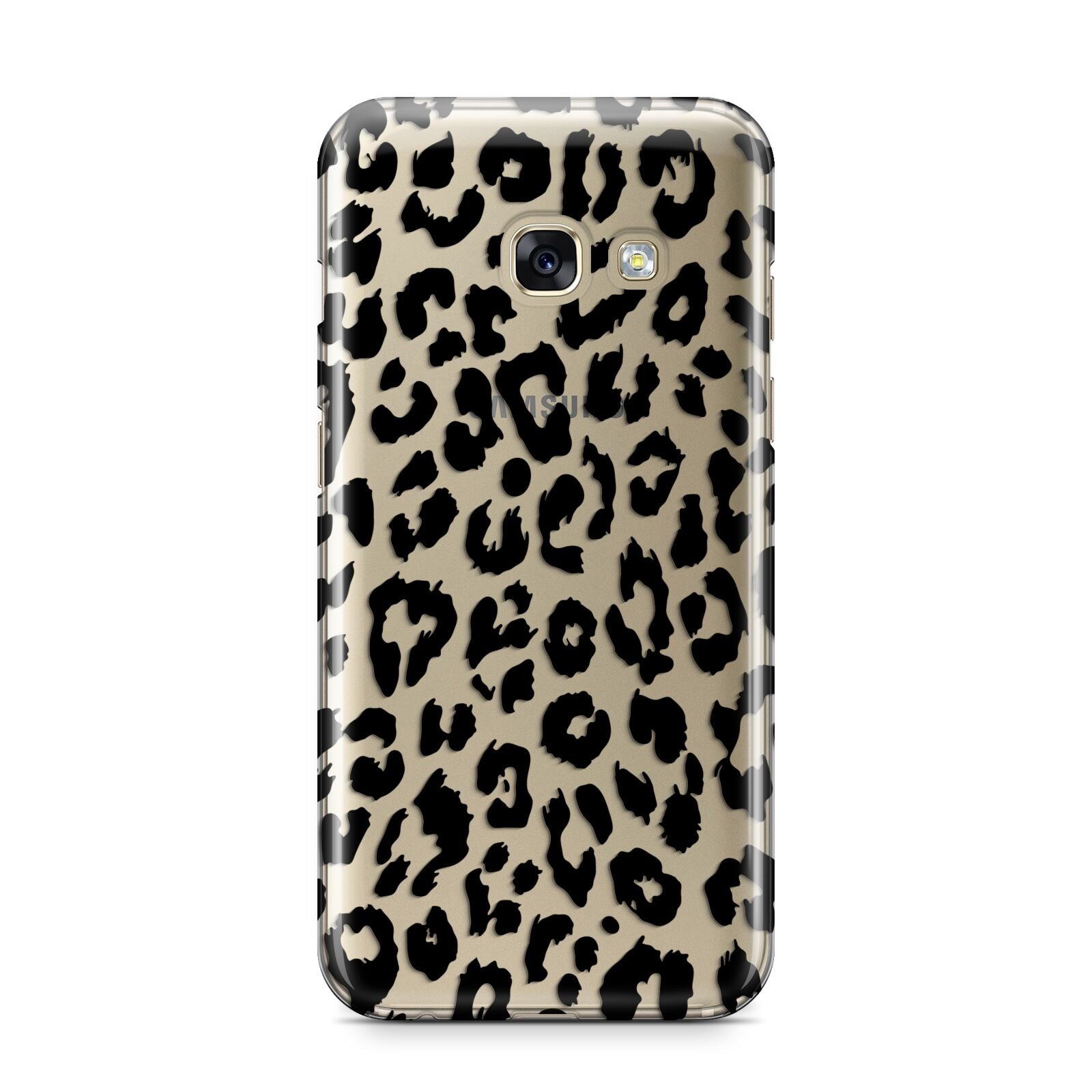 Black Leopard Print Samsung Galaxy A3 2017 Case on gold phone