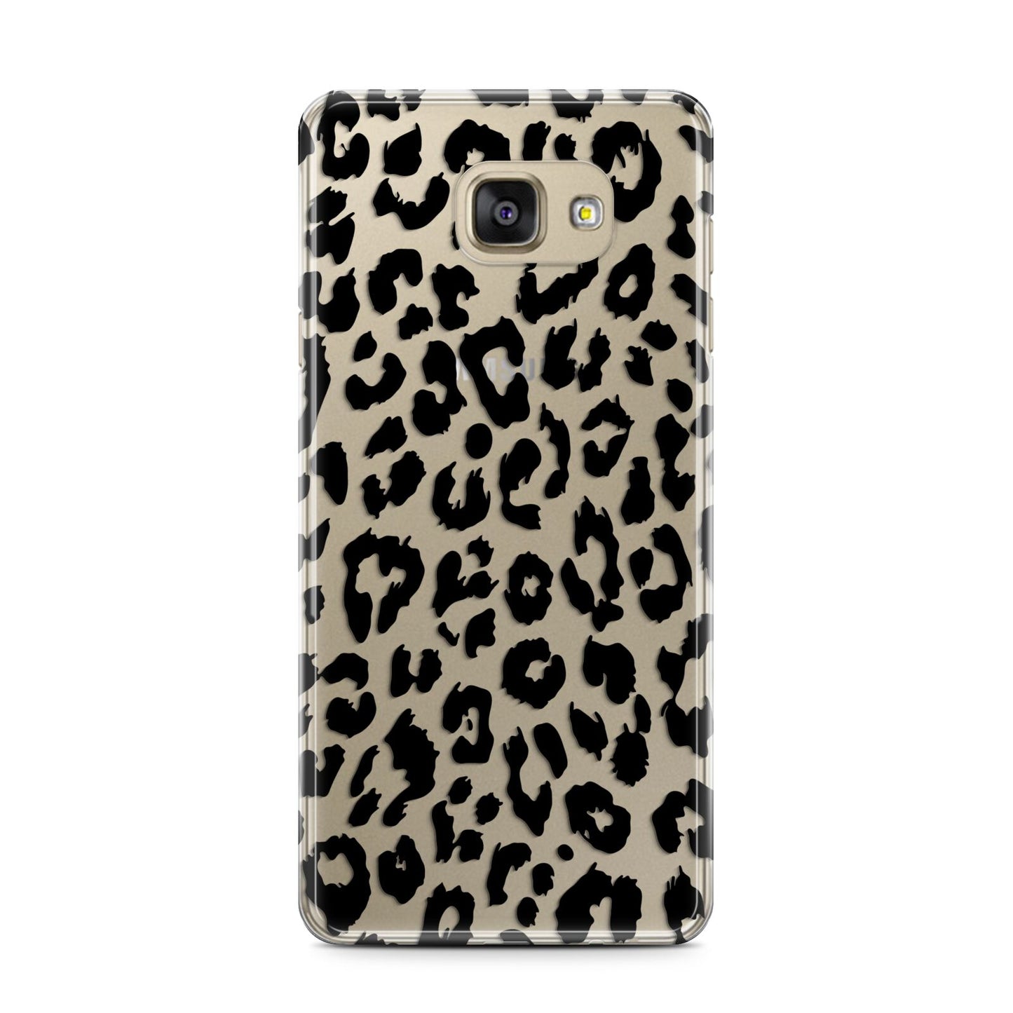 Black Leopard Print Samsung Galaxy A7 2016 Case on gold phone