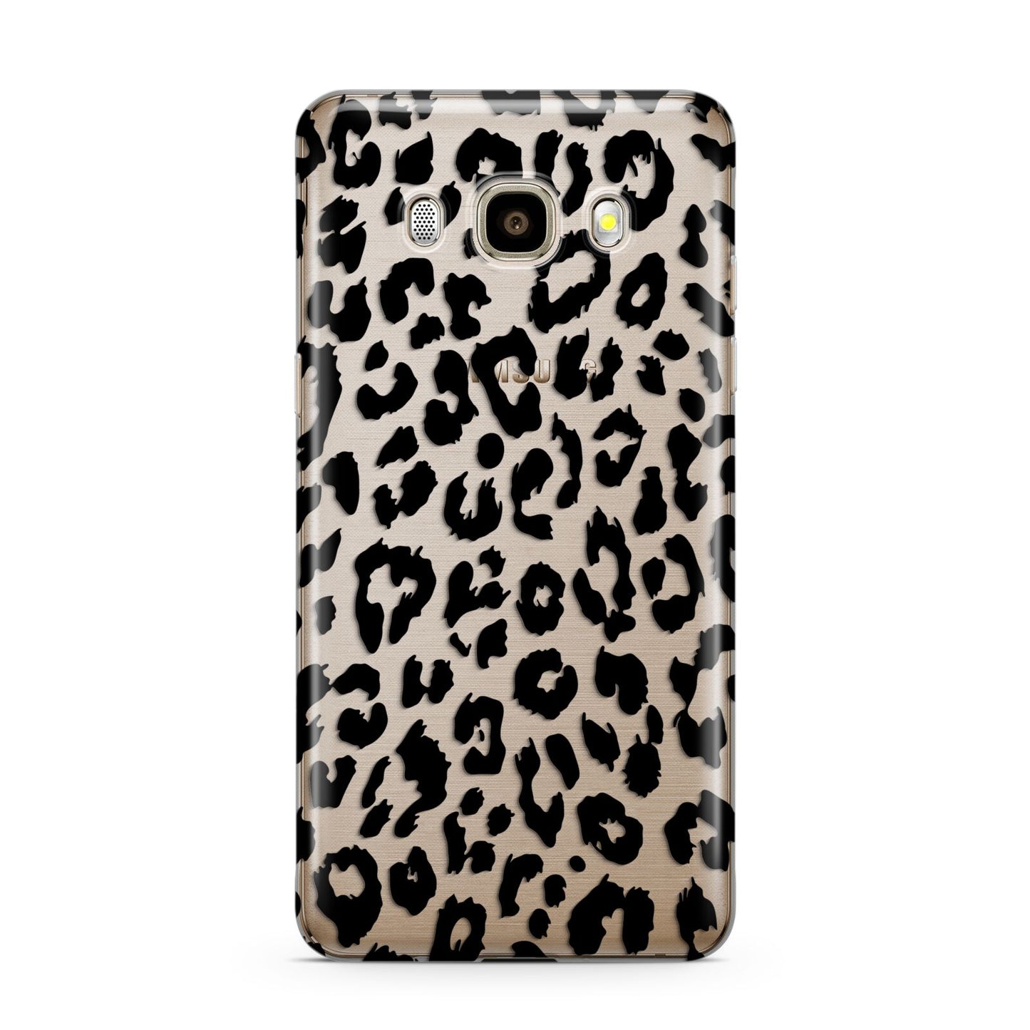 Black Leopard Print Samsung Galaxy J7 2016 Case on gold phone