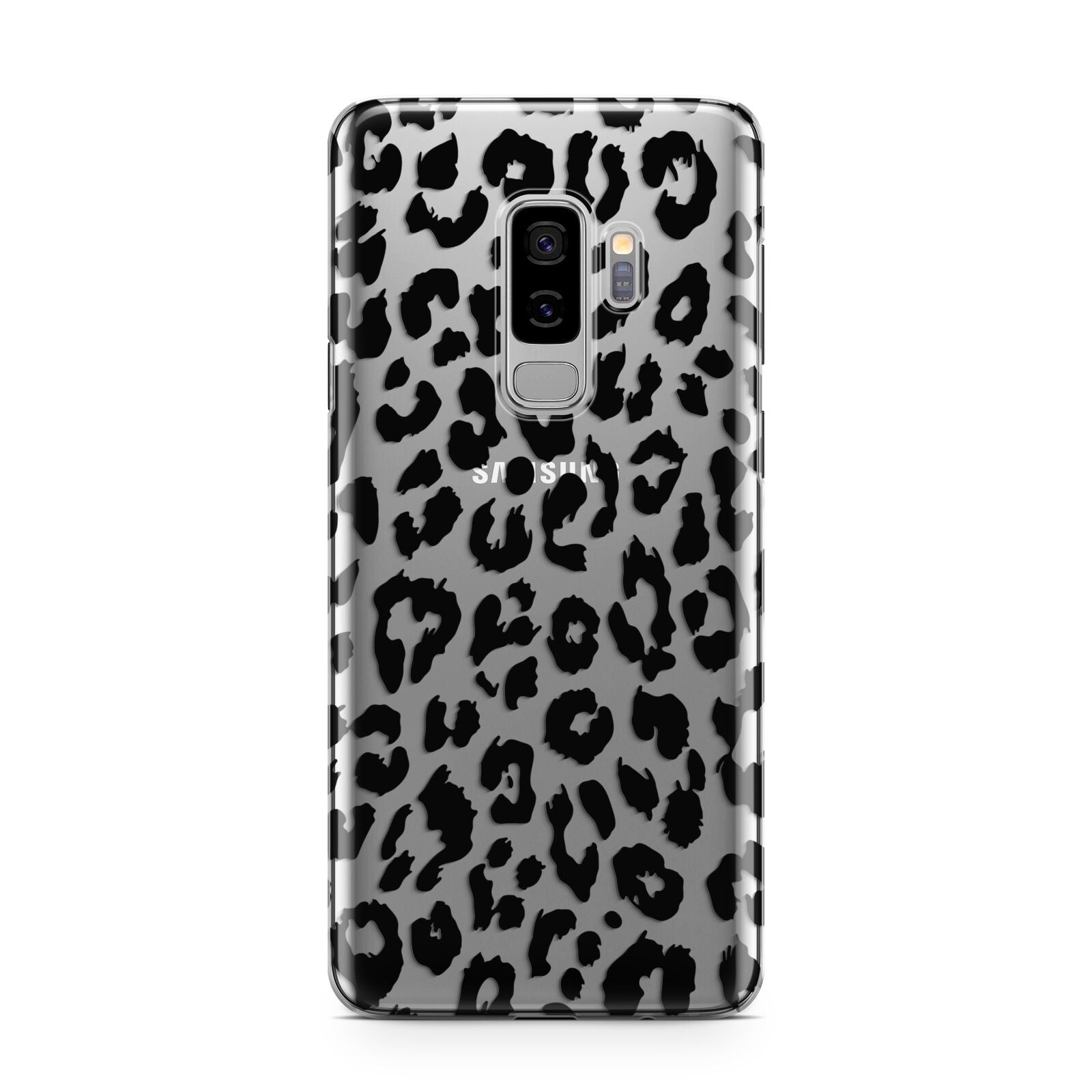 Black Leopard Print Samsung Galaxy S9 Plus Case on Silver phone