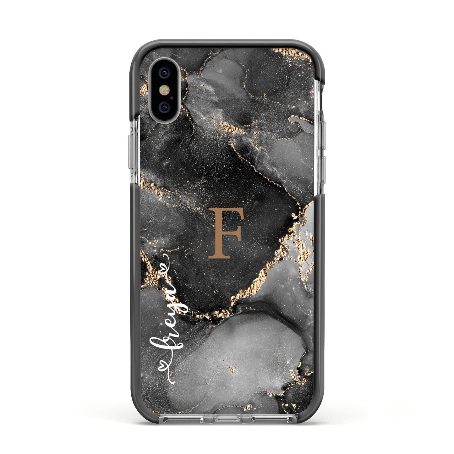 Black Marble Apple iPhone Xs Impact Case Black Edge on Silver Phone