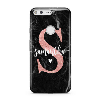 Black Marble Personalised Glitter Initial Name Google Pixel Case