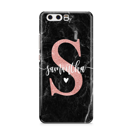 Black Marble Personalised Glitter Initial Name Huawei P10 Phone Case