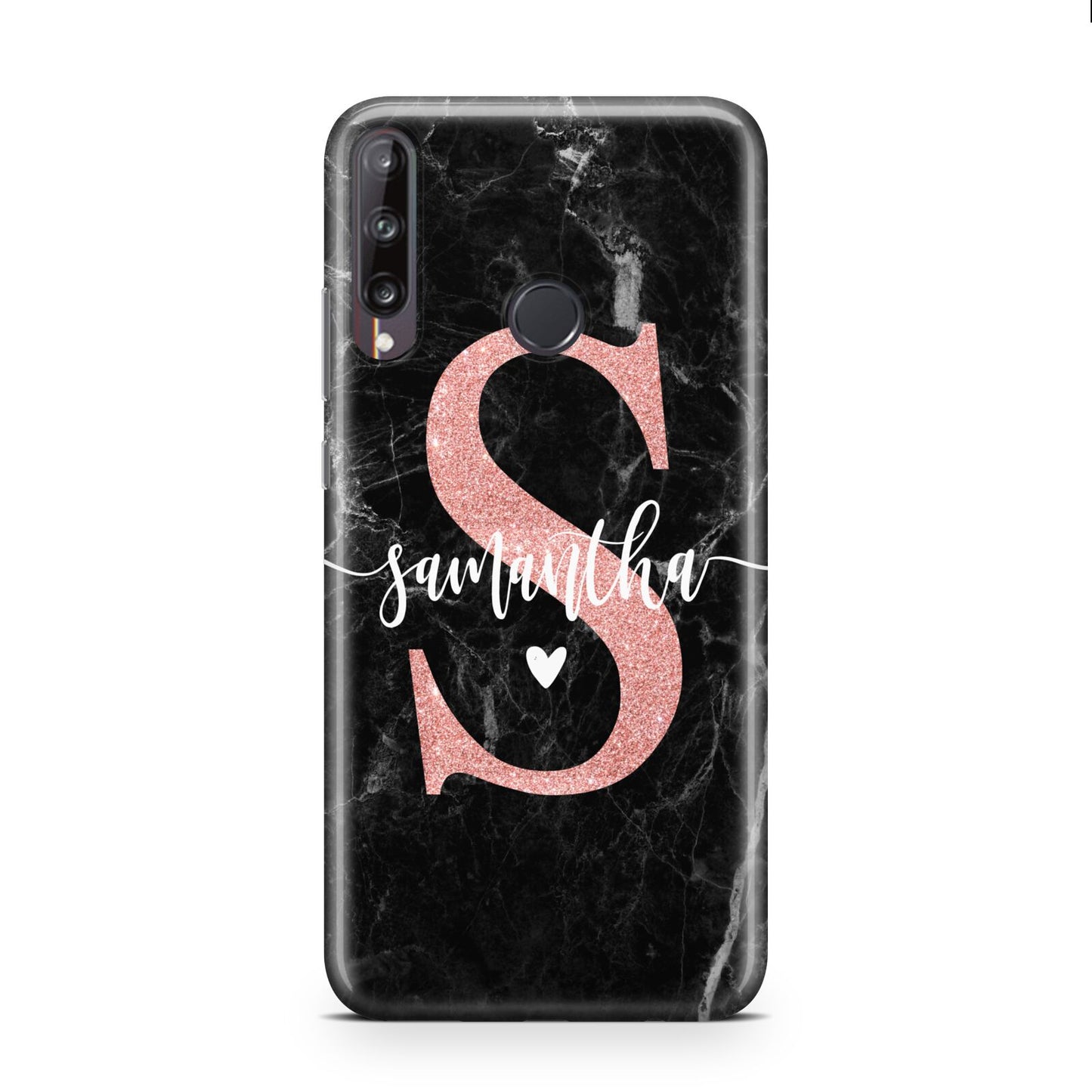 Black Marble Personalised Glitter Initial Name Huawei P40 Lite E Phone Case