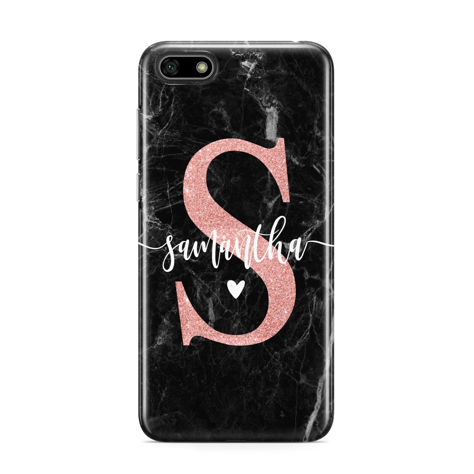 Black Marble Personalised Glitter Initial Name Huawei Y5 Prime 2018 Phone Case