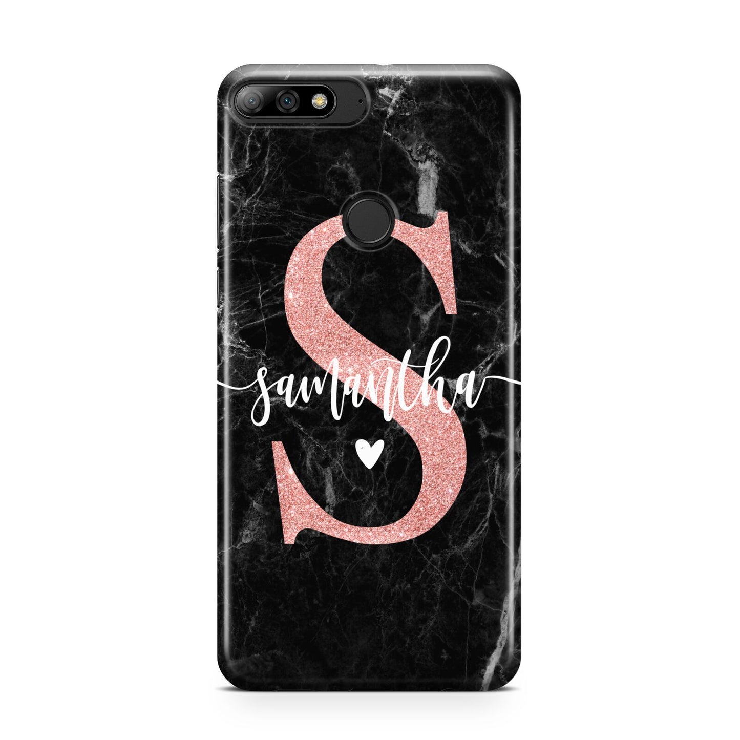 Black Marble Personalised Glitter Initial Name Huawei Y7 2018