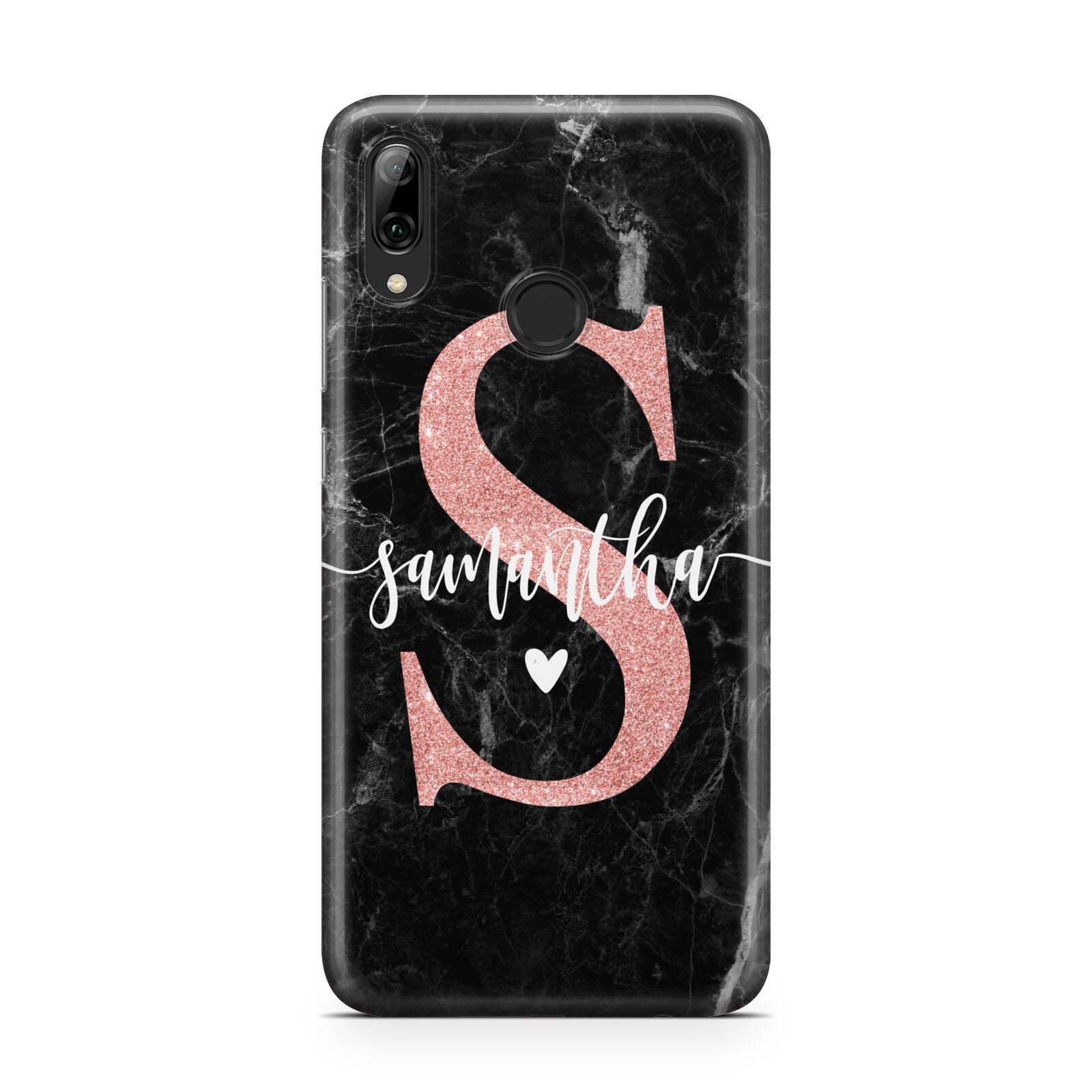 Black Marble Personalised Glitter Initial Name Huawei Y7 2019