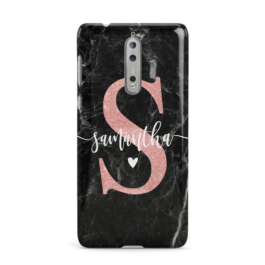 Black Marble Personalised Glitter Initial Name Nokia Case