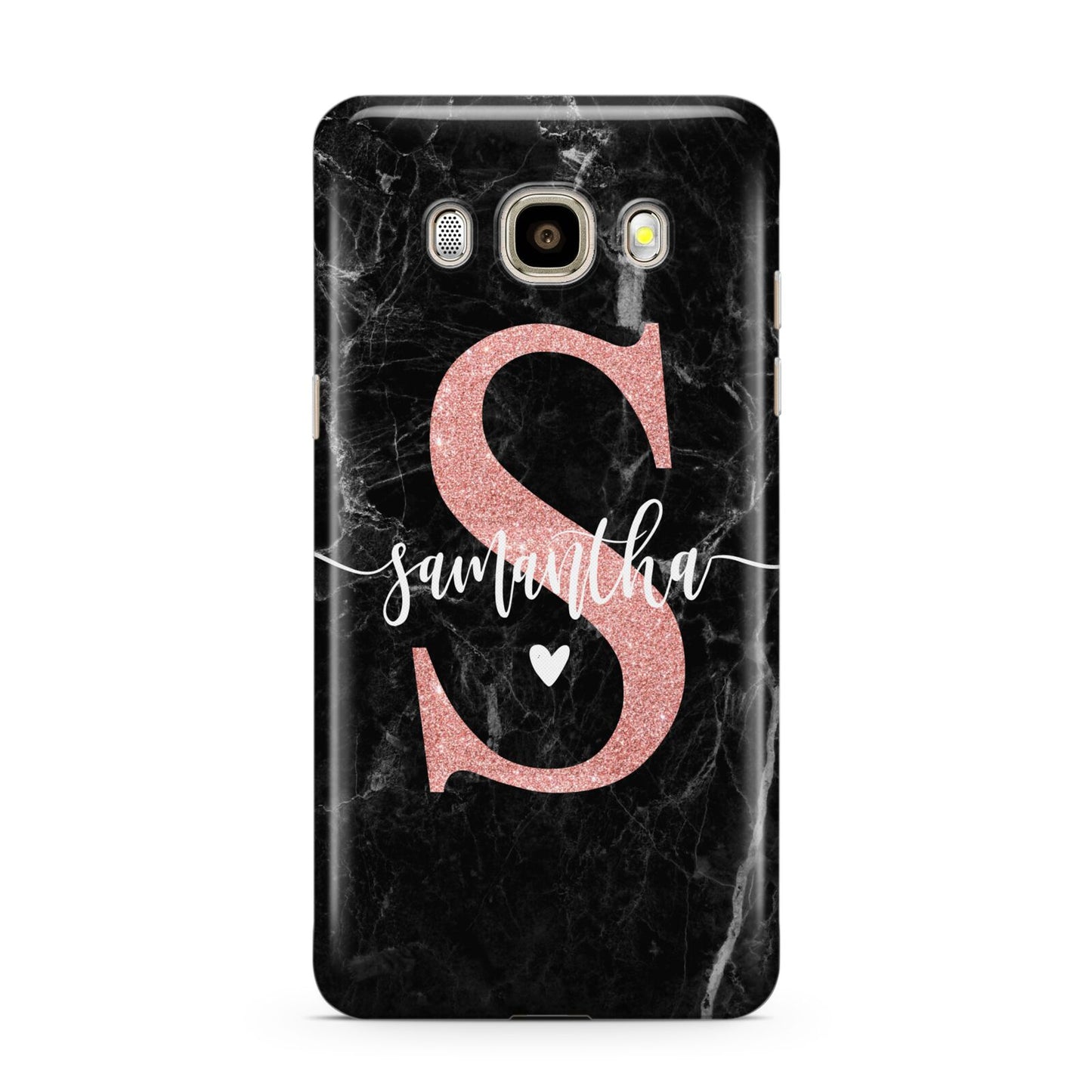 Black Marble Personalised Glitter Initial Name Samsung Galaxy J7 2016 Case on gold phone