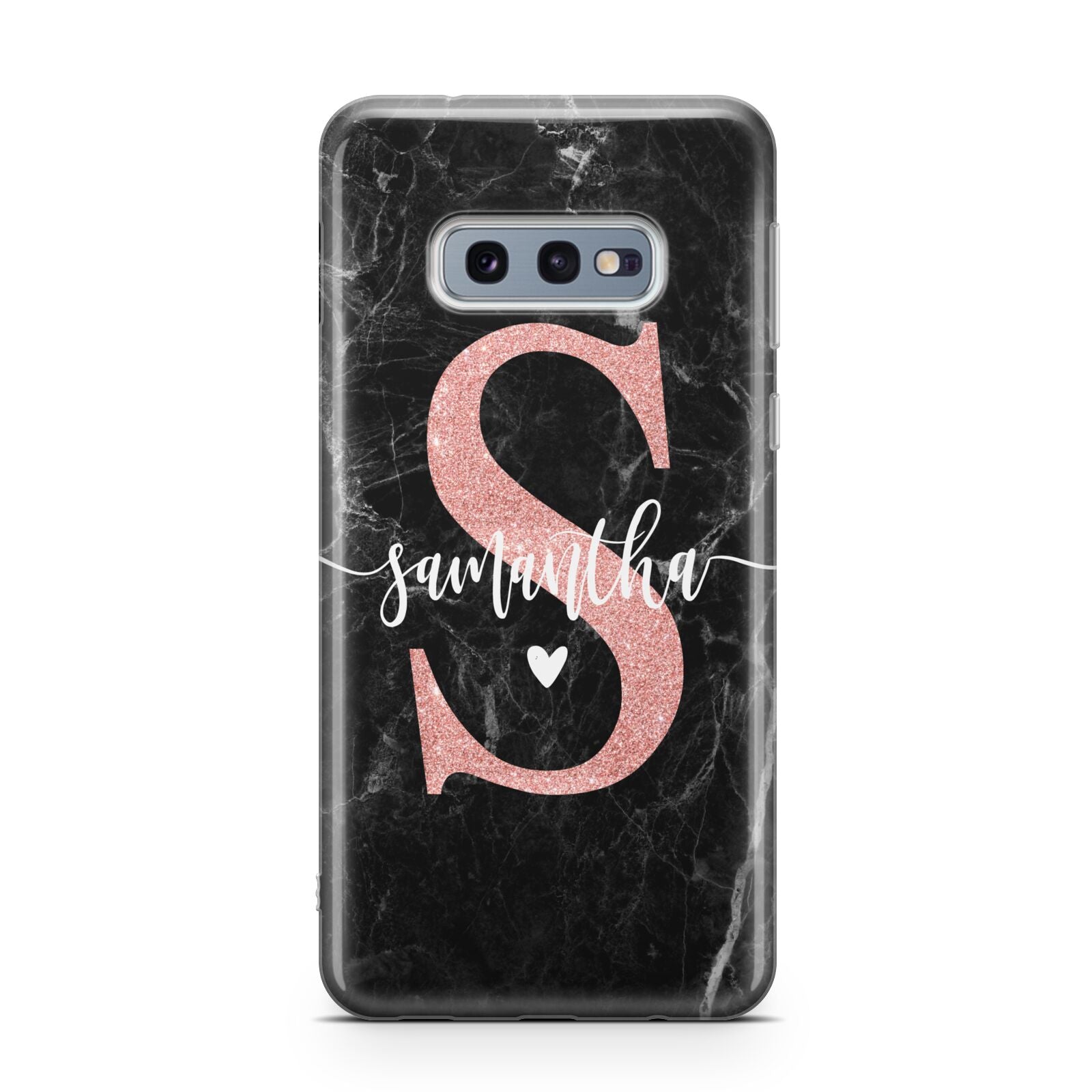 Black Marble Personalised Glitter Initial Name Samsung Galaxy S10E Case